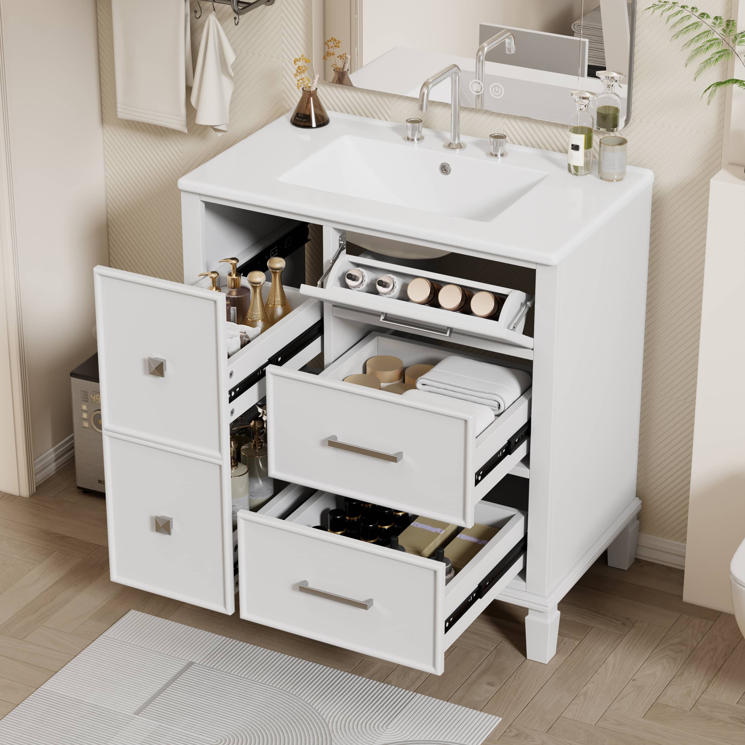 Tiramisubest - 30" Bathroom Vanity with Ceramic Sink, Flip-Out Drawer Design for Plumbing - White