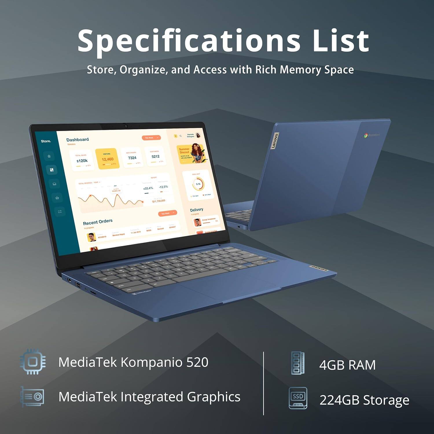 Specifications List  
Store, Organize, and Access with Rich Memory Space  

- MediaTek Kompanio 520  
- MediaTek Integrated Graphics  
- 4GB RAM  
- 224GB Storage