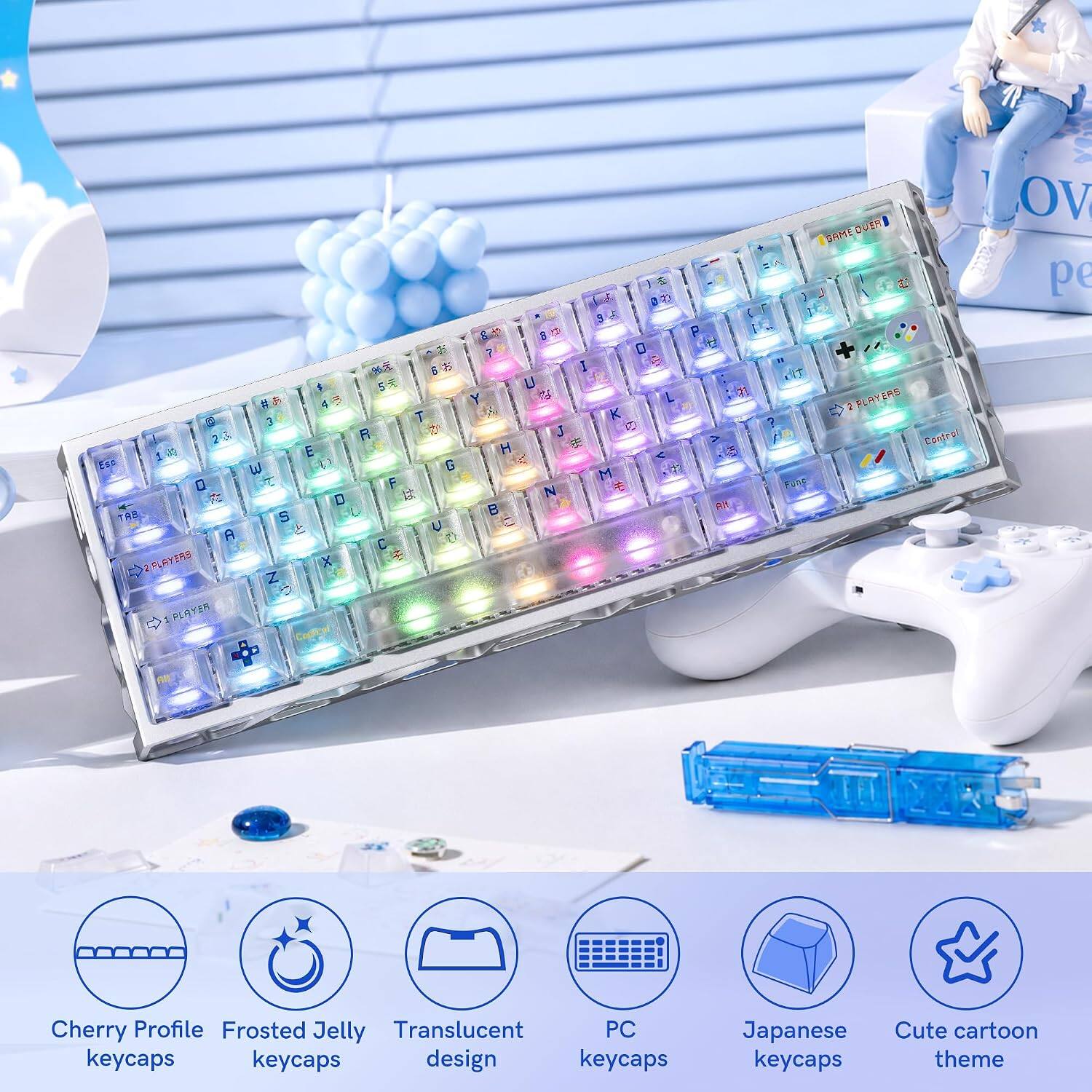6. $ 5 # 45 @ 3 T R  23 1  Ess w G 0  F  D  TRE S U A 13 C 2PLAYERS X  Z PLAYER Control  
0.23 9 & P 7 0 3 U  L K J  H  M 73 N   AM W  
GAME OVER 2 PLAYERS ? Control  
OV pe  
Cherry Profile Frosted Jelly Translucent PC keycaps keycaps design keycaps  
Japanese keycaps  
Cute cartoon theme