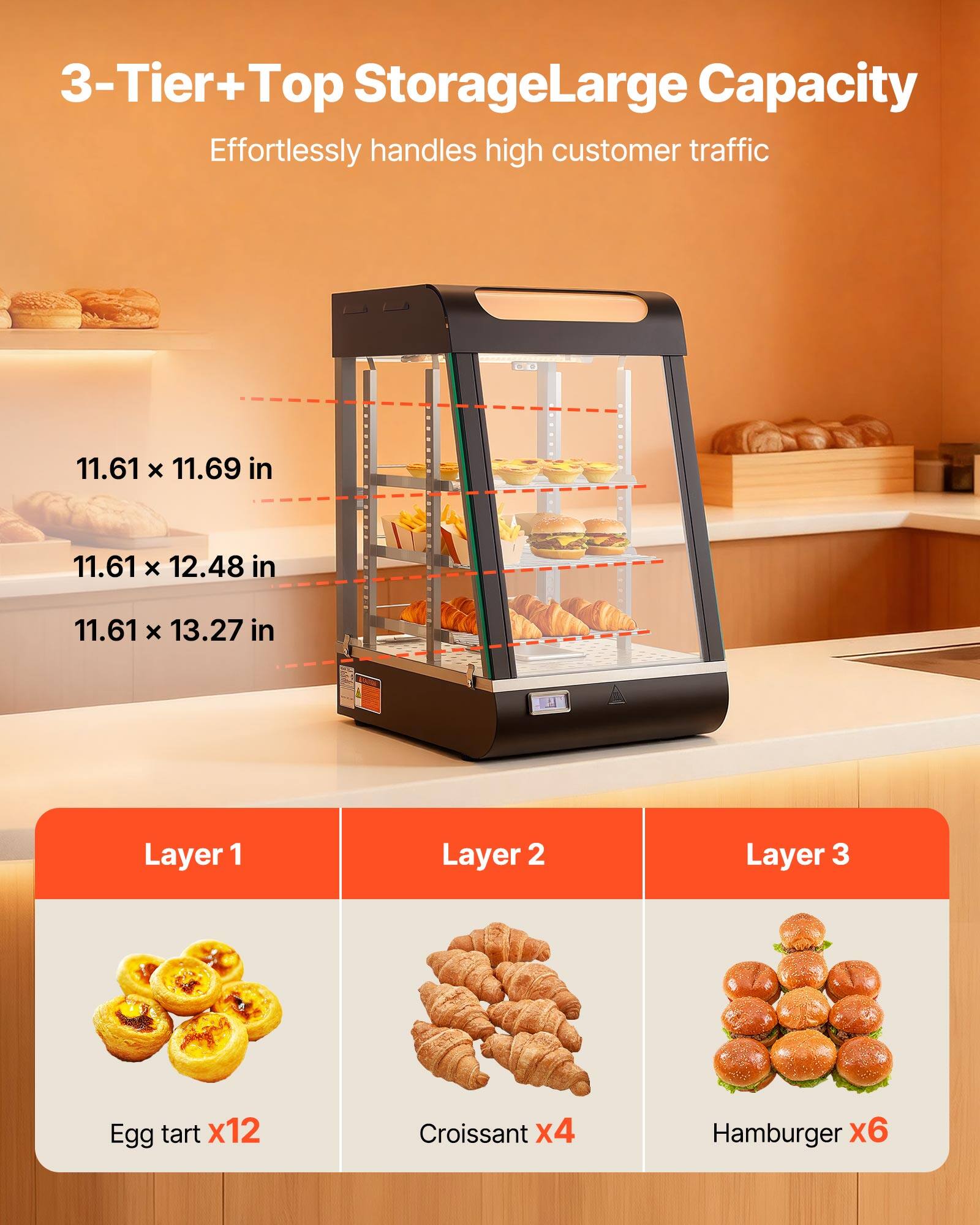 3-Tier+Top Storage Large Capacity  
Effortlessly handles high customer traffic

11.61 X 11.69 in  
11.61 X 12.48 in  
11.61 X 13.27 in

Layer 1  
Egg tart x12

Layer 2  
Croissant x4

Layer 3  
Hamburger x6