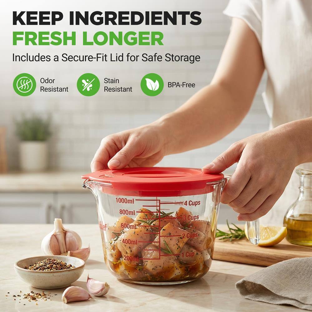 KEEP INGREDIENTS FRESH LONGER  
Includes a Secure-Fit Lid for Safe Storage  
Odor Resistant  
Stain Resistant  
BPA-Free  

1000ml  
800ml  
600ml  
400ml  
200ml  

4 Cups  
3 Cups  
2 Cups  
1 Cup