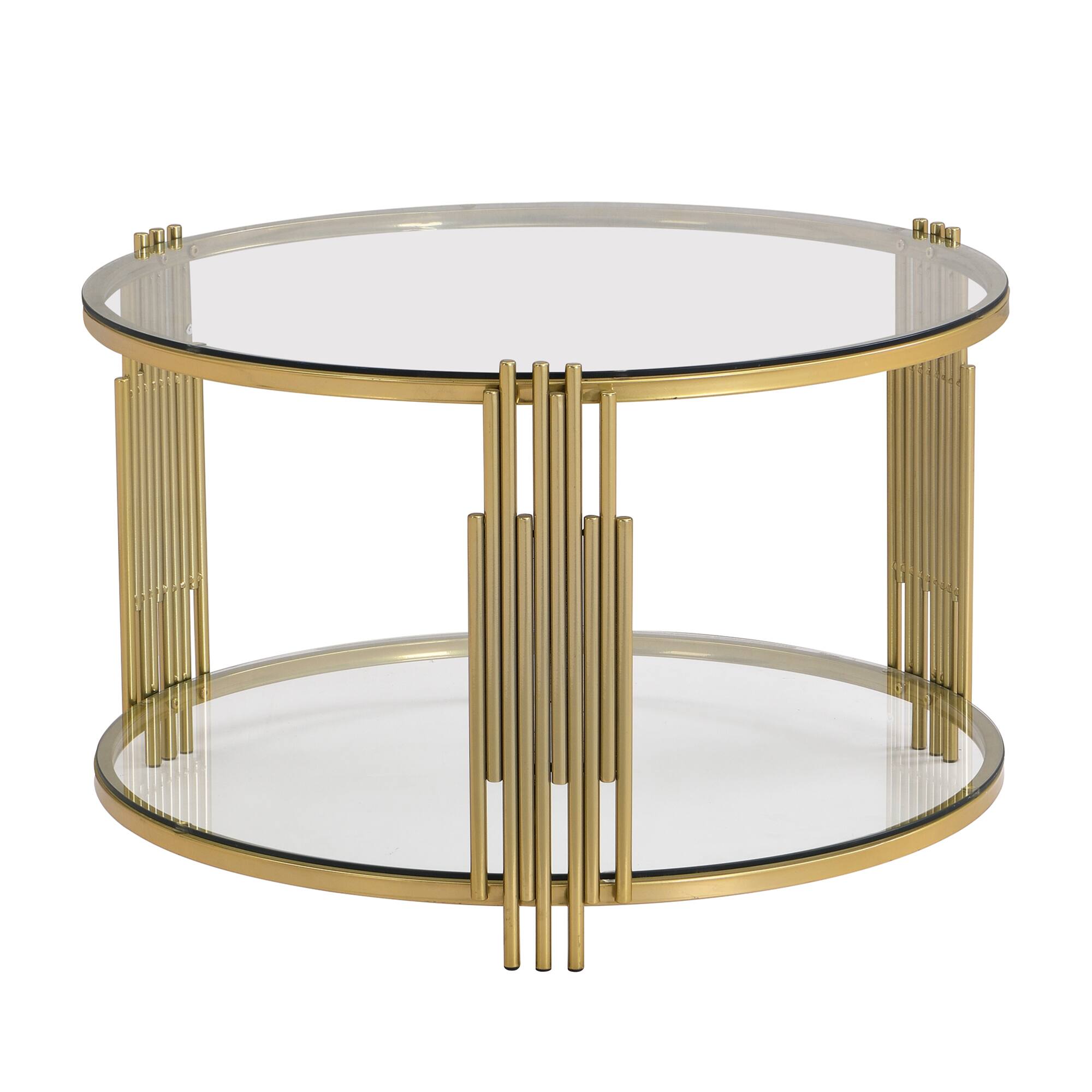 Alt View 8. GOODSILO - Contemporary Glass Coffee Table with Asymmetrical Metal Base and Lower Shelf - Transparent.