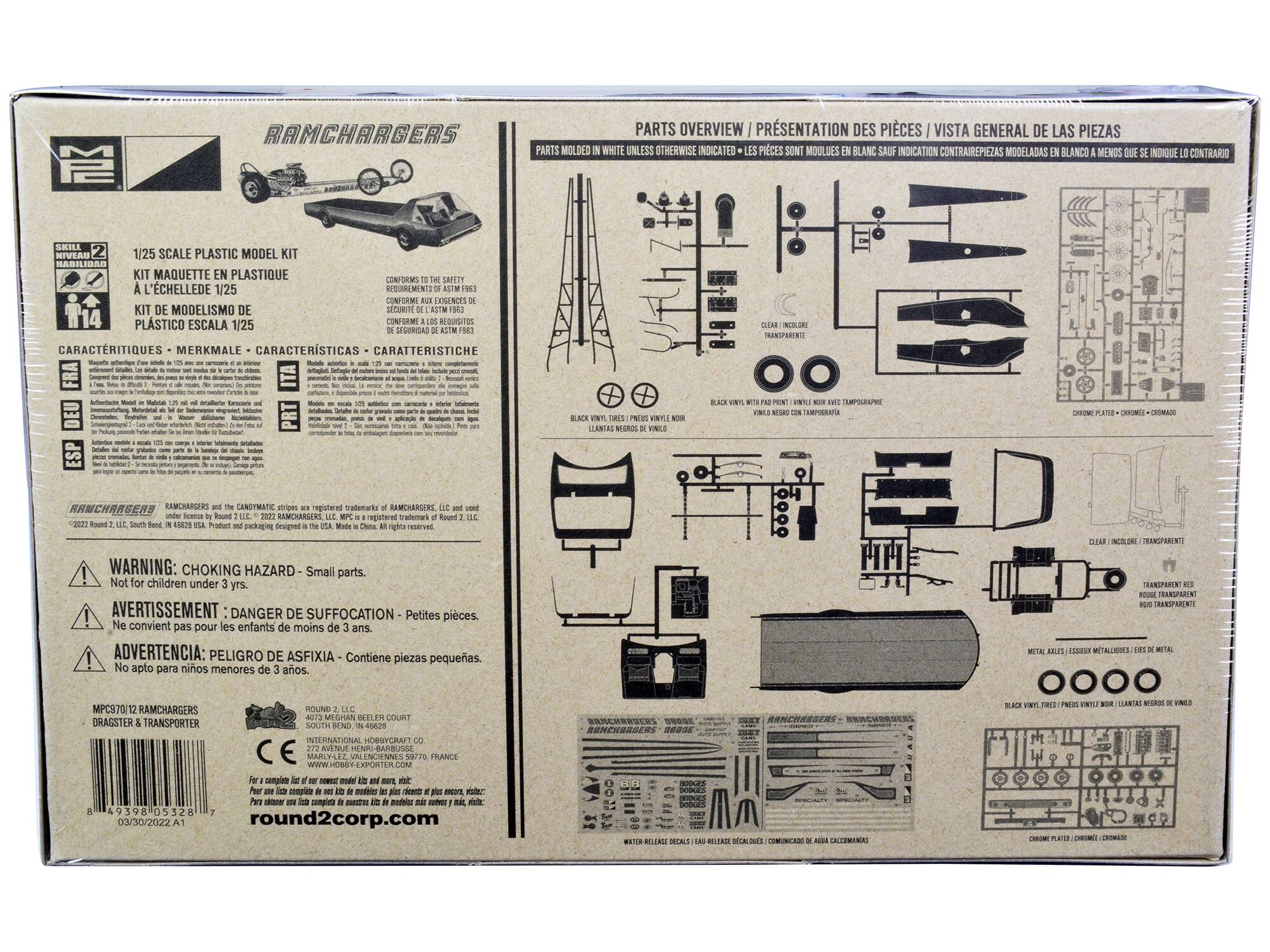**RAMCHARGERS**

**1/25 SCALE PLASTIC MODEL KIT**

**SKILL LEVEL 2**

**KIT MAQUETTE EN PLASTIQUE**

**KIT DE MODELISMO DE PLASTICO**

**CONFORME A L'ÉCHELLE 1/25**

**CONFORME A LA ESCALA 1/25**

**CONFORME A L'ÉCHELLE 1/25**

**CONFORME A LA ESCALA 1/25**

**CARACTERÍSTIQUES - MERKMALE - CARACTERÍSTICAS - CARATTERISTICHE**

- **Molded in white unless otherwise indicated** - **Les pièces sont moulées en blanc sauf indication contraire** - **Piezas moldeadas en blanco a menos que se indique lo contrario**

- **Clear (transparent)** - **Transparente**

- **Transparent red (rojo transparente)**

- **Metal axles / essieux métalliques / ejes de metal**

- **Black vinyl tires / llantas negras de vinilo**

- **Chrome plated / chromé / cromado**

**PARTS OVERVIEW / PRÉSENT