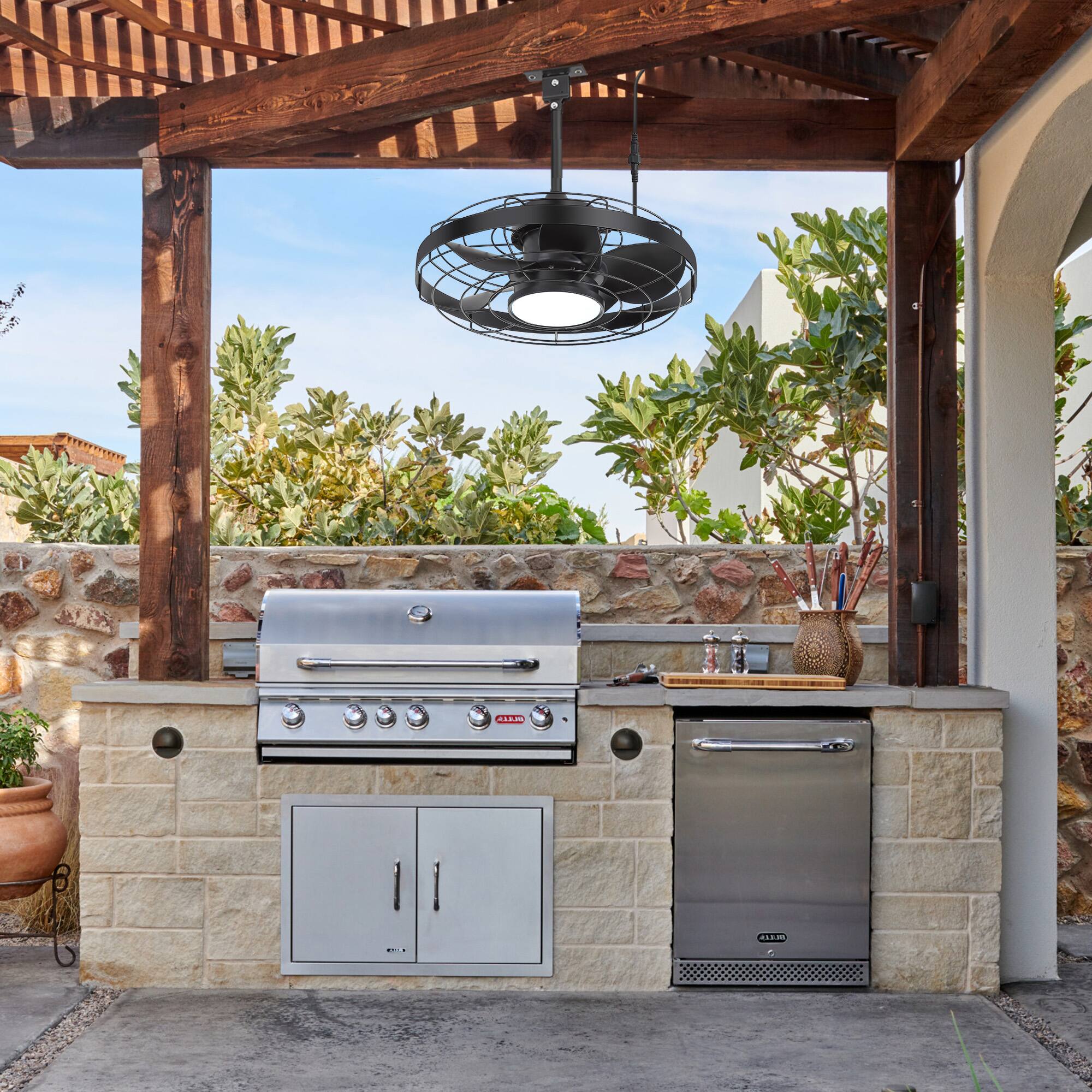 Alt View 2. Breezary - 20 Inch Caged Ceiling Fan with Light and Remote, LED 3-Color Dimmable, 5 ABS Blades, 6&10 Inch Downrods Included - matte black and walnut.