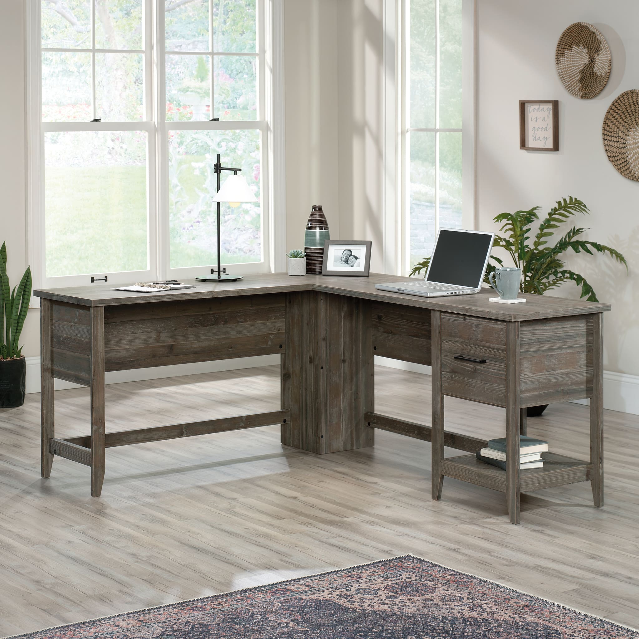 Angle. Sauder - Summit Station L-Desk Pebble Pine - Pebble Pine.