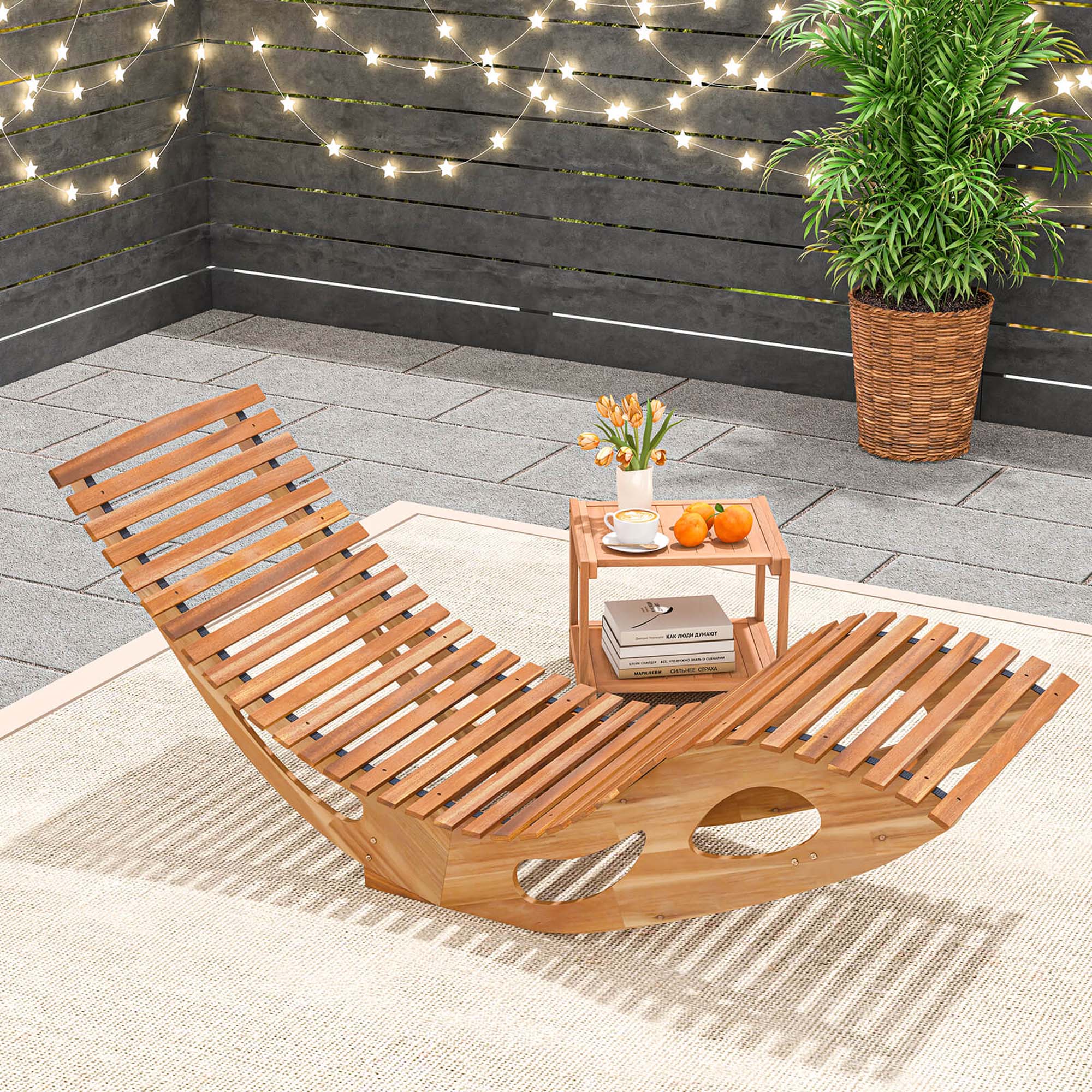 Alt View 3. Costway - Costway Outdoor Chaise Lounge with High Back Slatted Seat Stopper Outside Wood Rocker - Brown.