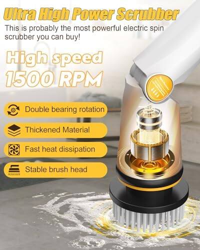 Ultra High Power Scrubber  
This is probably the most powerful electric spin scrubber you can buy!  
High speed 1500 RPM  
Double bearing rotation  
Thickened Material  
Fast heat dissipation  
Stable brush head
