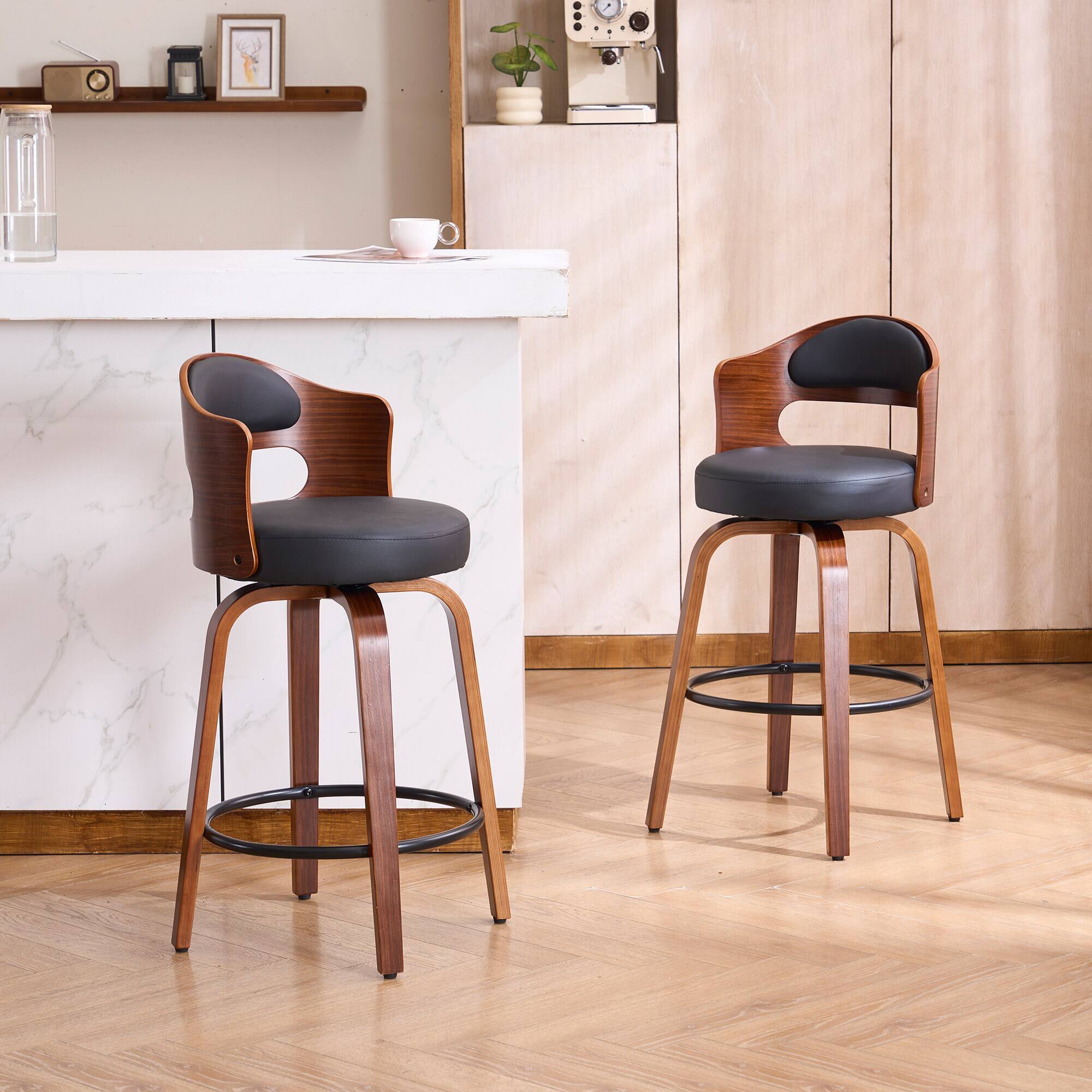 Angle. FERPIT - FERPIT Faux Leather Swivel Counter Bar Stools with Wood Legs Set of 2, Black, 26" - Black.