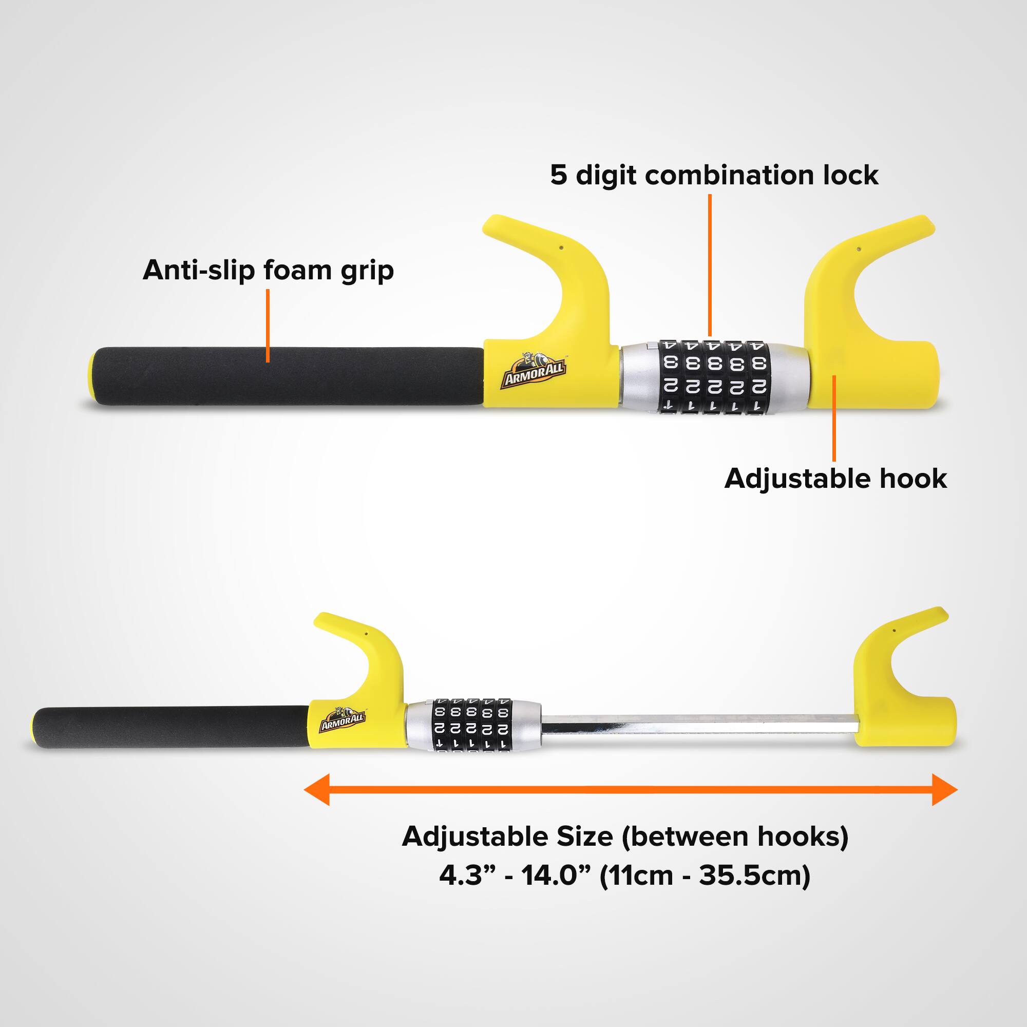 5 digit combination lock  
Anti-slip foam grip  
ARMORALL  
88888  
E E E  
5 S S S S L  
Adjustable hook  
Aesedo  
1 - - 33998  
8 2 S 00 S5555 T0 a 11111 i  
Adjustable Size (between hooks)  
4.3" - 14.0" (11cm - 35.5cm)
