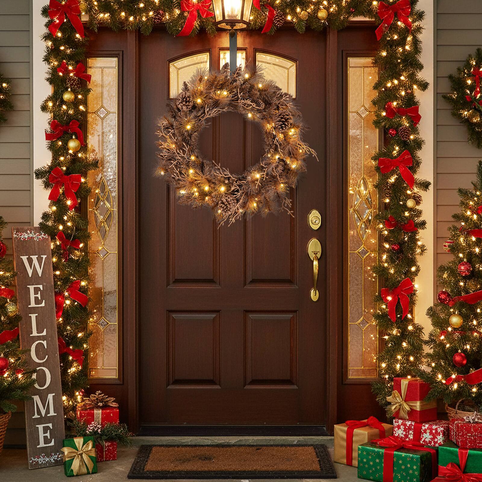Alt View 3. Costway - Costway 1 PCS 24" Pre-lit Christmas Wreath Front Door Artificial Xmas Wreath with 105 Branch Tips - Brown.