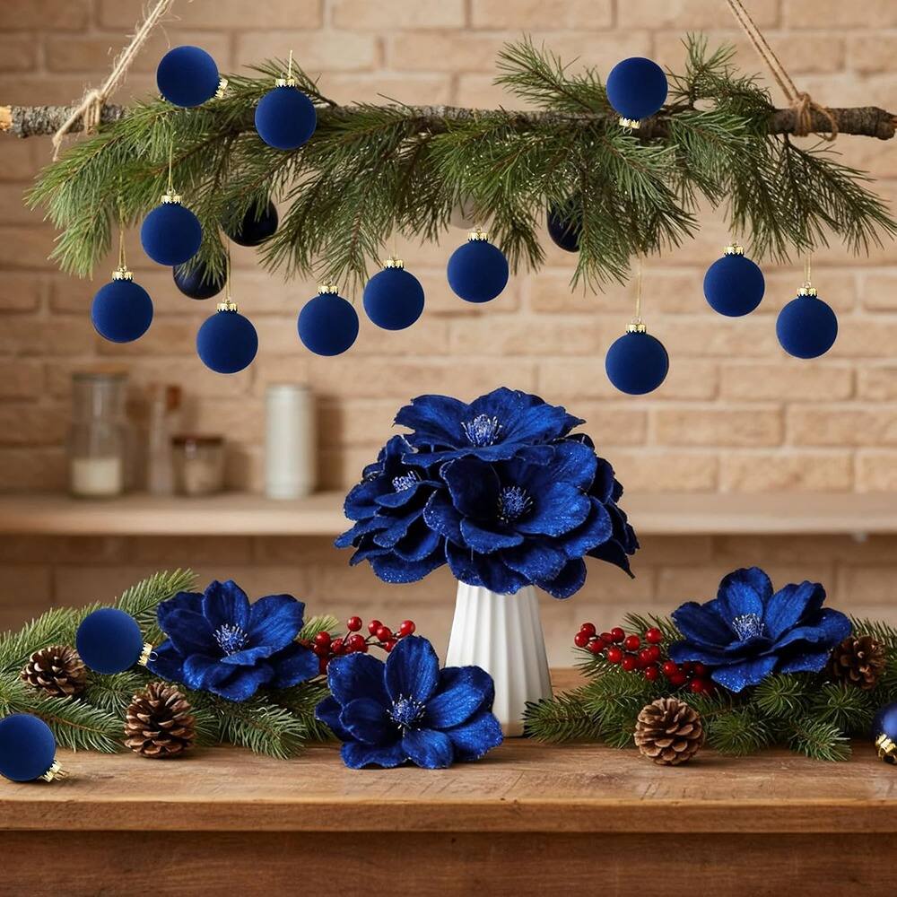 Left. PARKER SLATER - 24-Pc Royal Blue Velvet Christmas Ornament Set with Poinsettias and Balls - Blue.