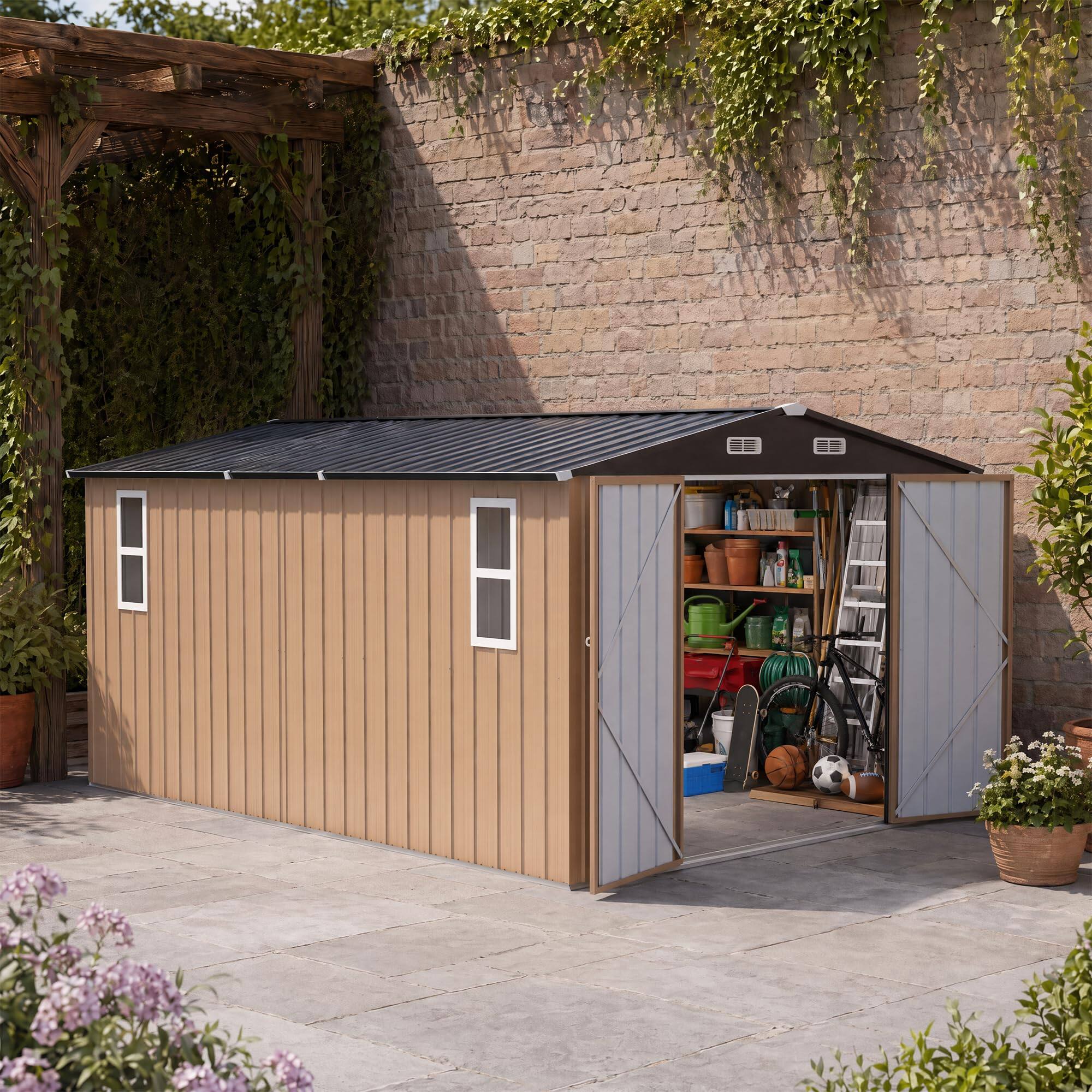 Alt View 1. LAUSAINT HOME - 10x14 FT Galvanized Steel Shed with Windows  Double Lockable Doors  Gable Roof and Vent for Backyard Patio Brown - Brown.