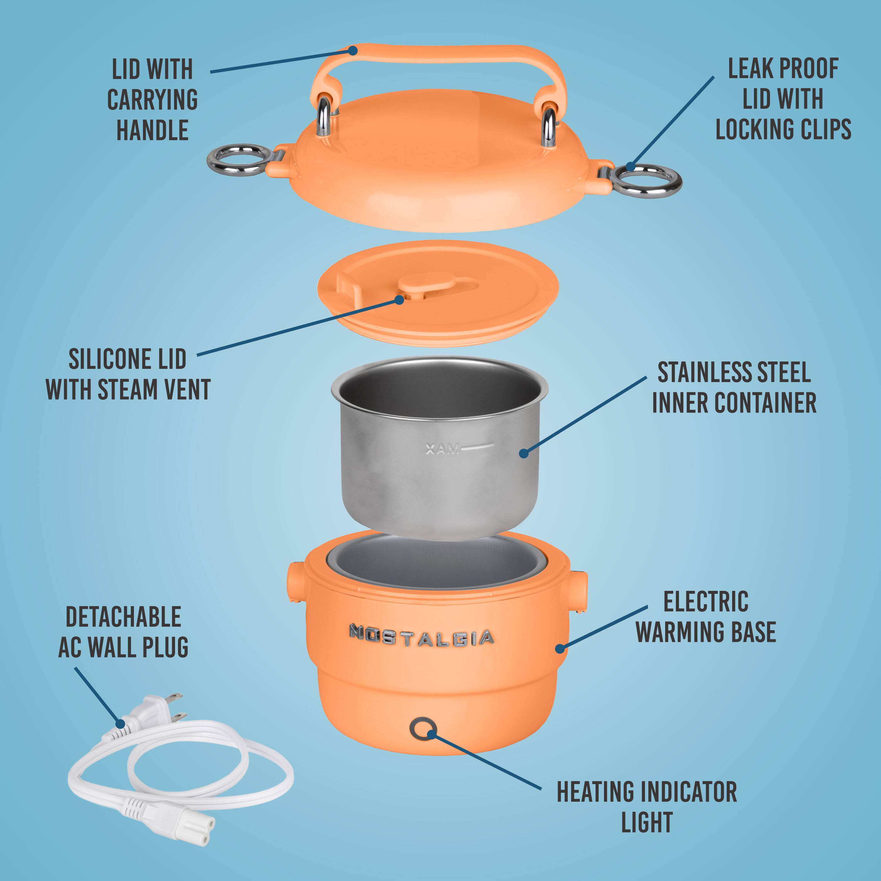 LID WITH CARRYING HANDLE  
LEAK PROOF LID WITH LOCKING CLIPS  
SILICONE LID WITH STEAM VENT  
STAINLESS STEEL INNER CONTAINER  

DETACHABLE AC WALL PLUG  
MOSTALGIA  
ELECTRIC WARMING BASE  
HEATING INDICATOR LIGHT