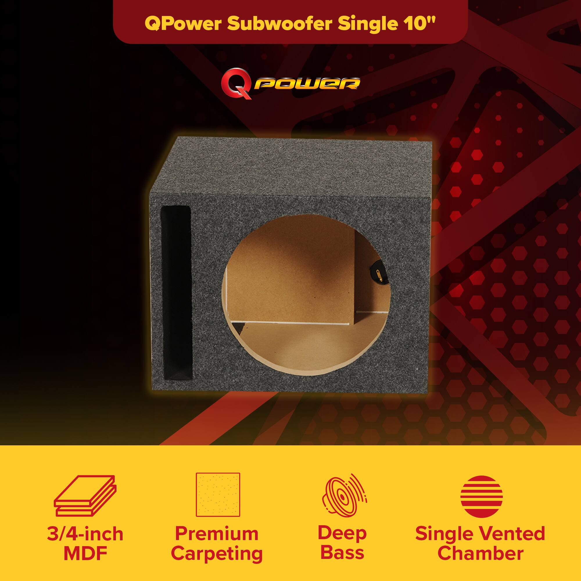 QPower Subwoofer Single 10"  
QPower Subwoofer Single 10"  

3/4-inch MDF  
Premium Carpeting  
Deep Bass  
Single Vented Chamber