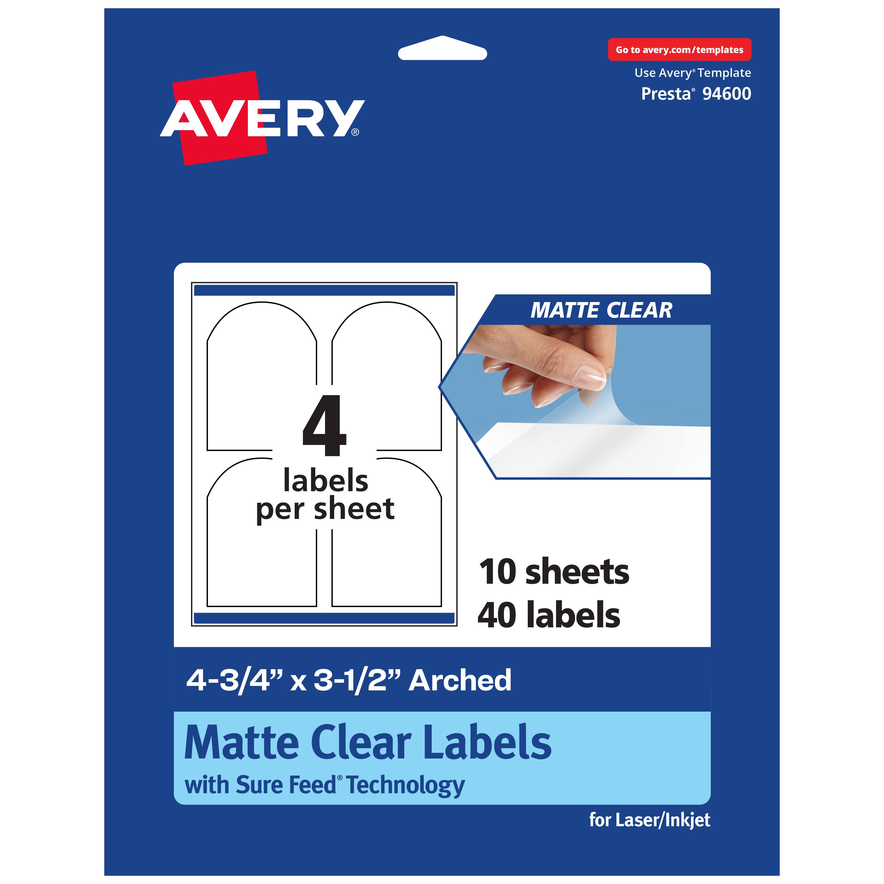 Go to avery.com/templates  
Use Avery Template Presta® 94600  

MATTE CLEAR  
4 labels per sheet  
10 sheets  
40 labels  

4-3/4" x 3-1/2" Arched Matte Clear Labels with Sure Feed® Technology for Laser/Inkjet