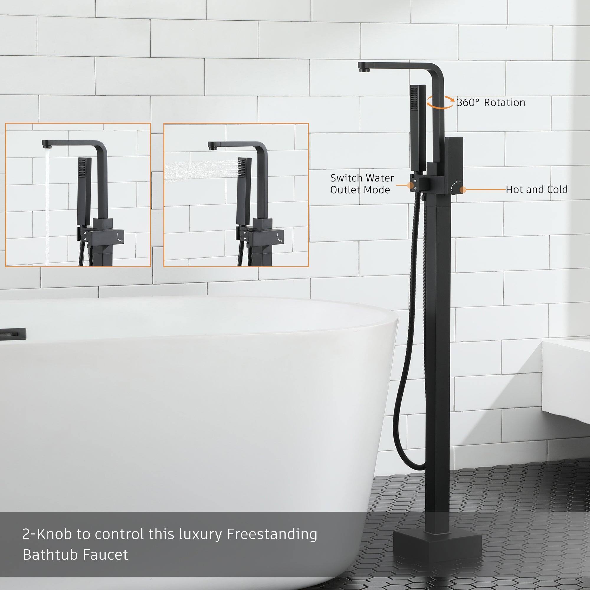 360 Rotation, Switch Water Outlet Mode, Hot and Cold, 2-Knob to control this luxury Freestanding Bathtub Faucet