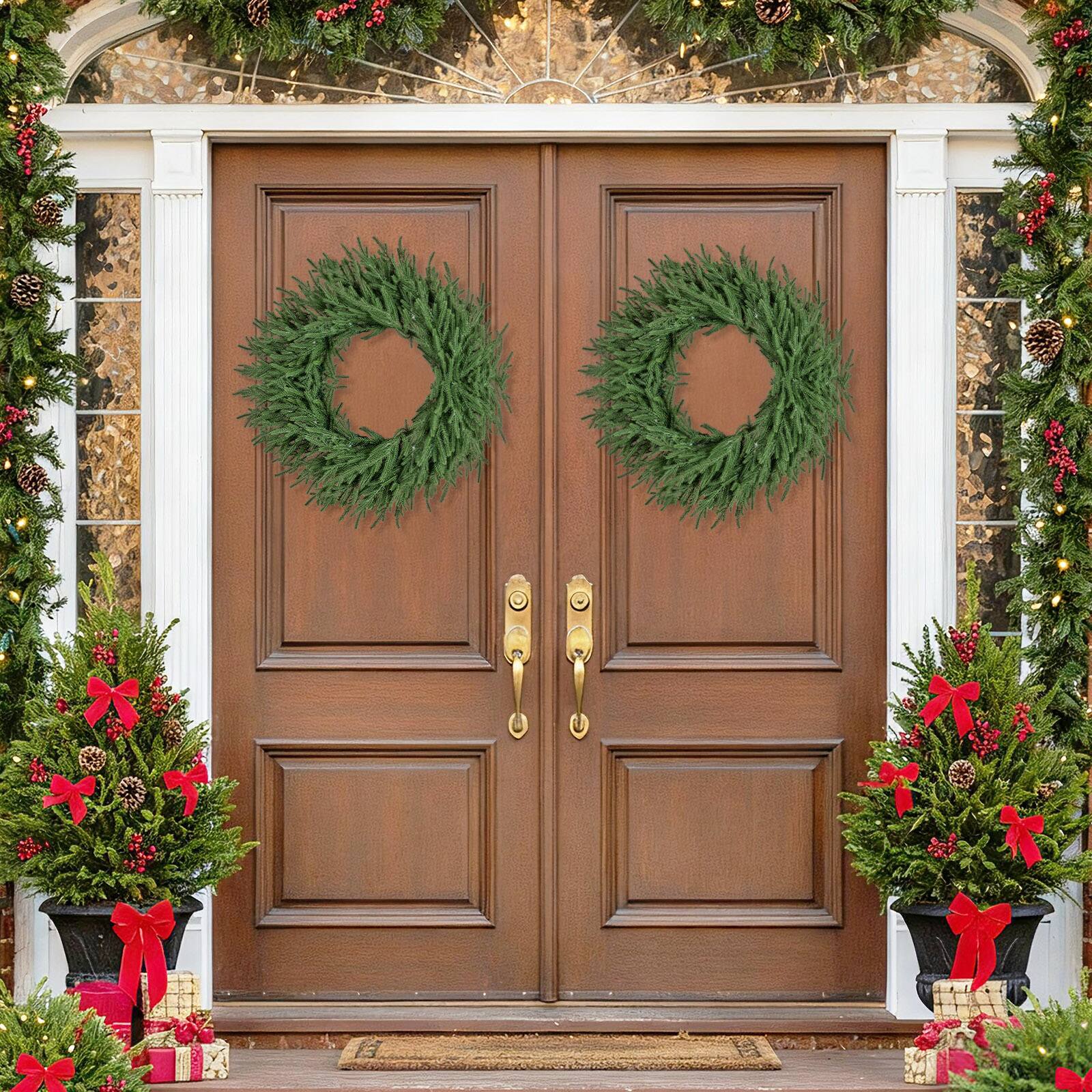 Alt View 8. Gymax - Gymax 24'' Outdoor Artificial Pre-Lit Christmas Wreath w/108 Branch Tips & 35 White LED Lights Green - Green.