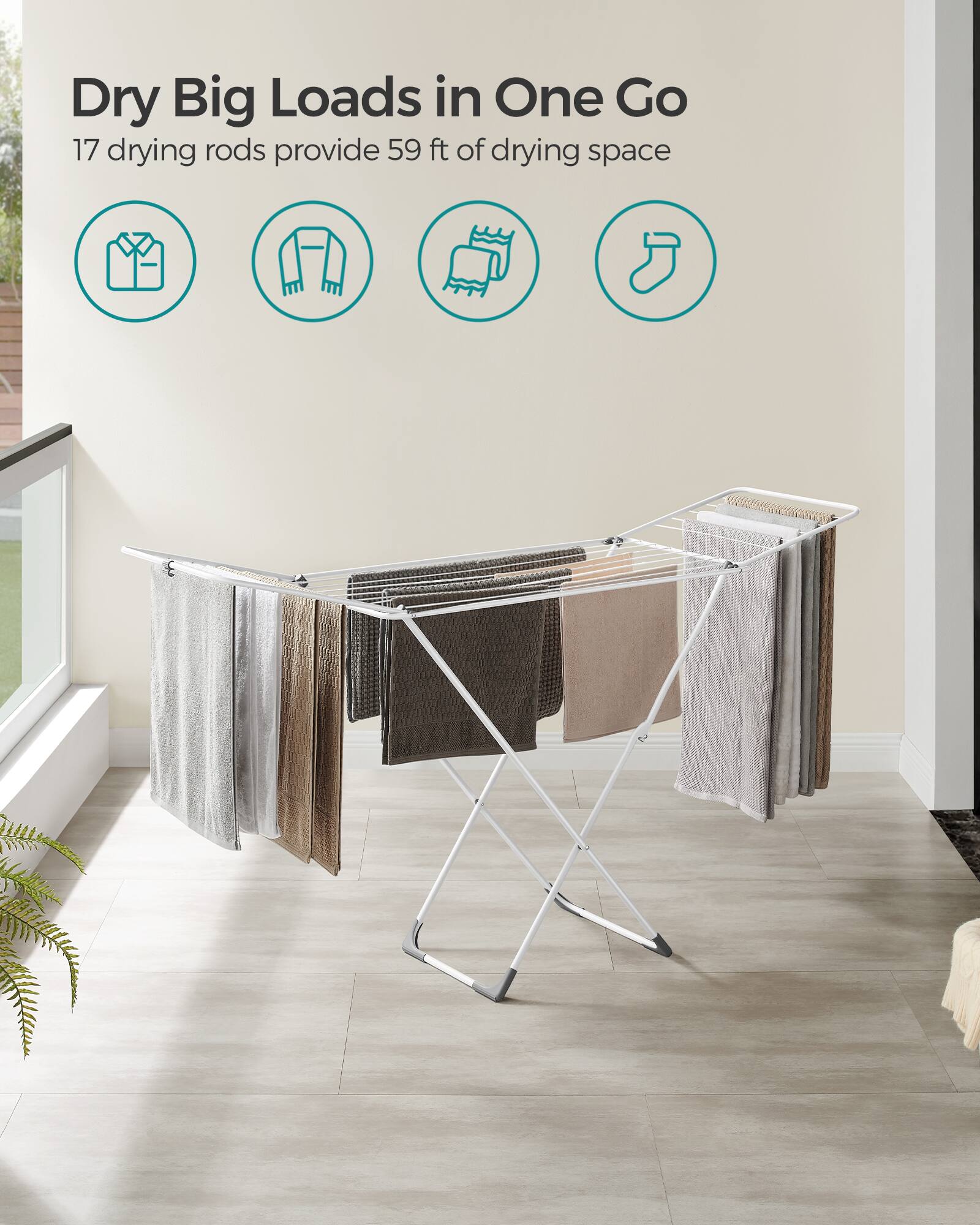 Dry Big Loads in One Go  
17 drying rods provide 59 ft of drying space