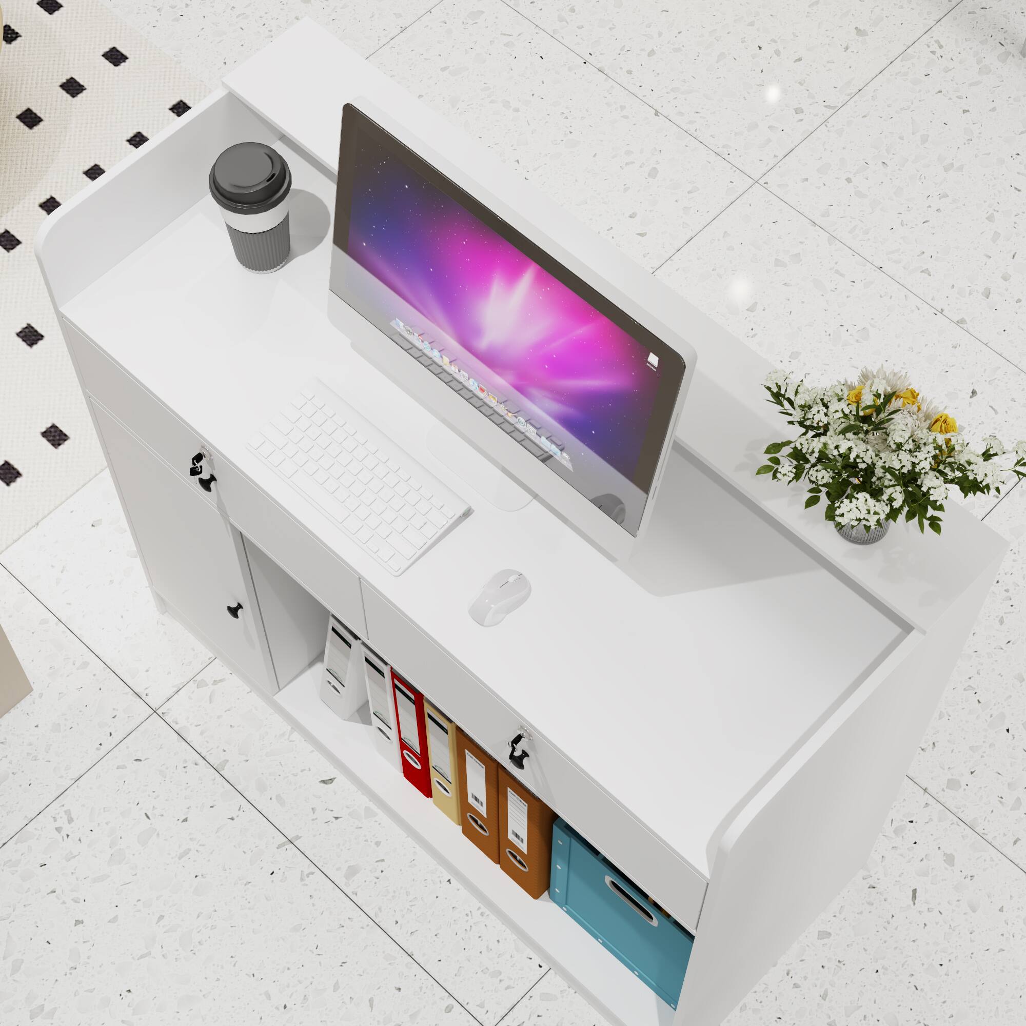 Alt View 5. Famapy - Pegboard Reception Desk with Lockable Drawers – 47" White Front Desk for Office, Retail, Studio Storage - White.