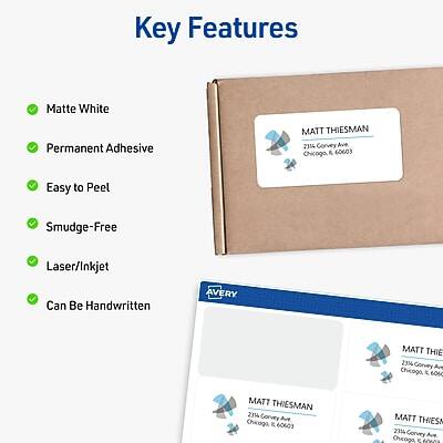 Key Features

- Matte White
- Permanent Adhesive
- Easy to Peel
- Smudge-Free
- Laser/Inkjet
- Can Be Handwritten

MATT THIESMAN  
2114 Corvey Ave  
Chicago, IL 60603

MATT THIESMAN  
233 Corvey Ave  
Chicago, IL 60603

MATT THIESMAN  
231 Corvey Ave  
Chicago, IL 60603