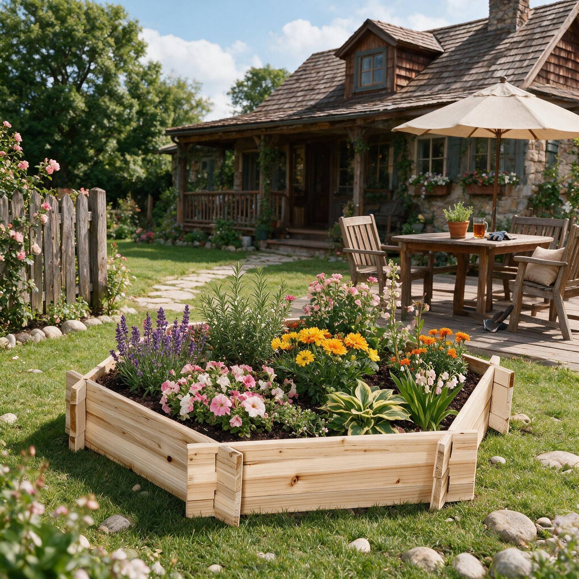 Left. RYHNUYNE - Hexagonal Wooden Raised Garden Bed, Tool-Free Screwless Planter for Outdoor Vegetables, Flowers, Herbs, 39.25 x 36. - Natural.