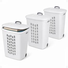 Sterilite - Laundry Hamper Flip Top Lid Retractable Pull Handle Wheels, (3 Pack) - White