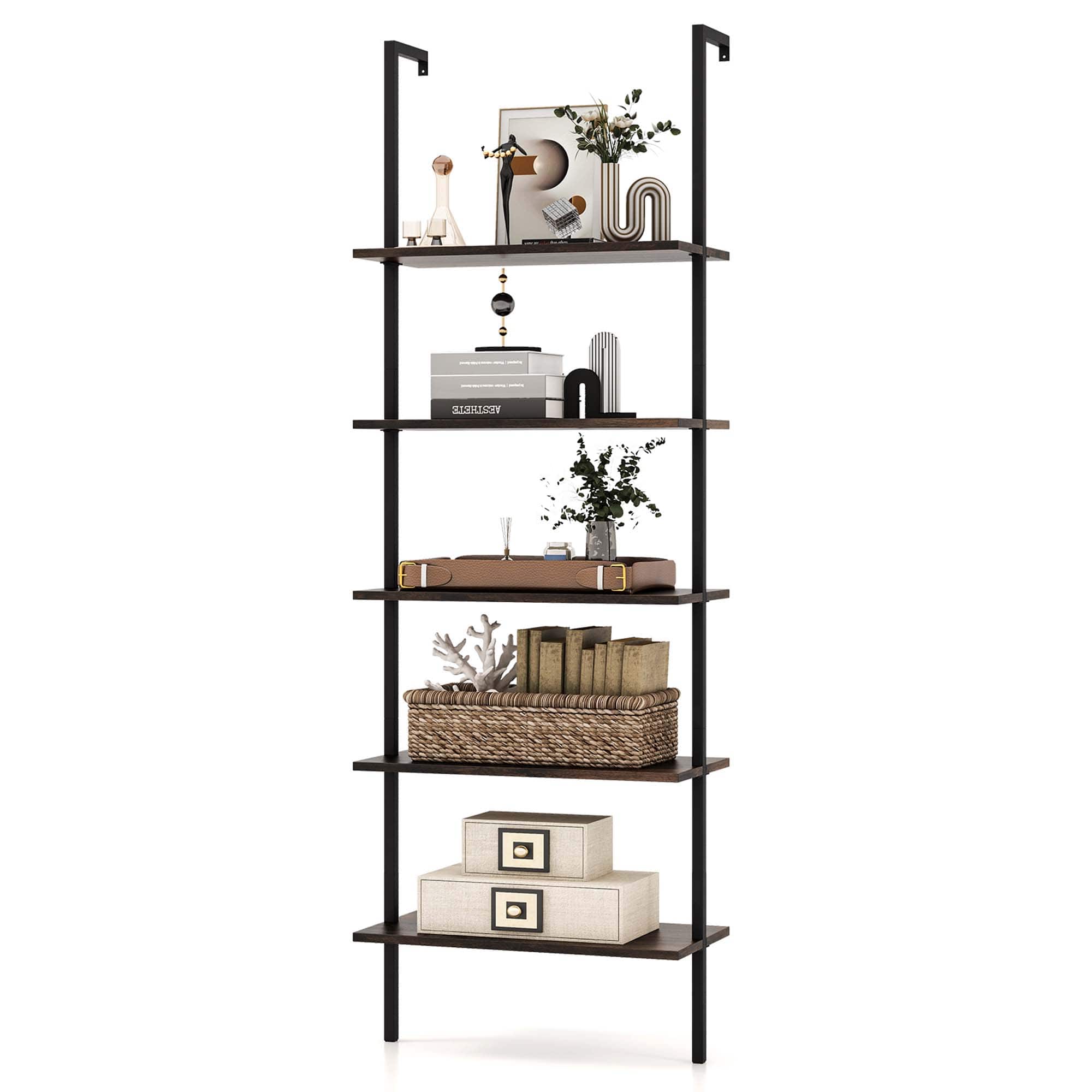 Front. Costway - 5 Tier Ladder Shelf 71'' Height Wall-Mounted Bookshelf Display Storage Organizer Brown - Brown.