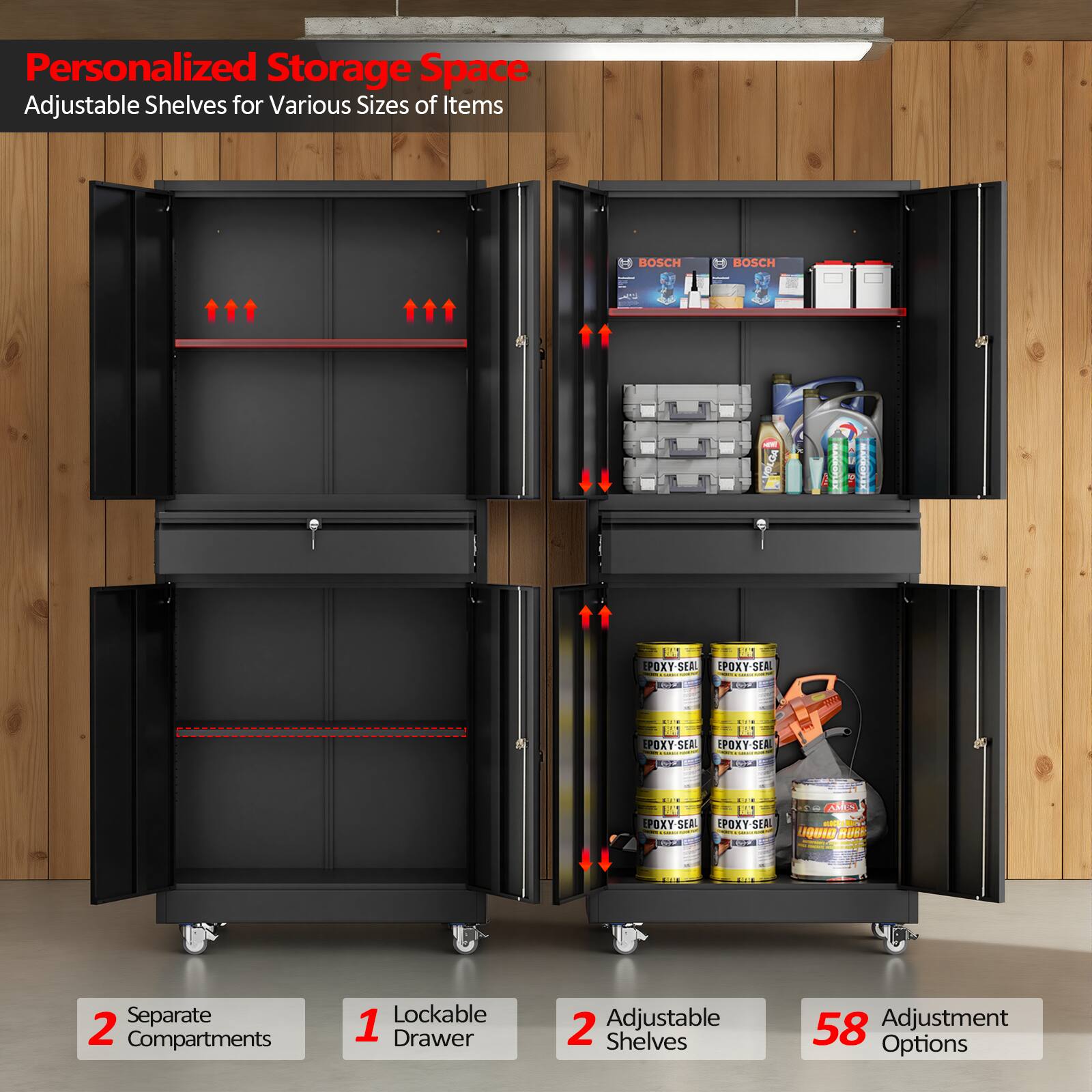 Personalized Storage Space  
Adjustable Shelves for Various Sizes of Items

- 2 Separate Compartments
- 1 Lockable Drawer
- 2 Adjustable Shelves
- 58 Adjustment Options