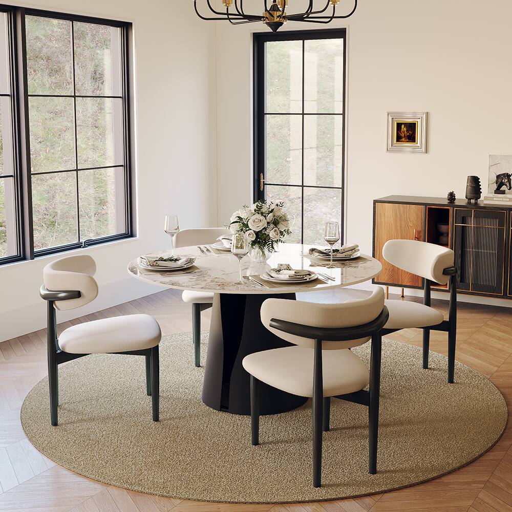 Left. POVISON - 47" Modern Round Dining Table for 4, Glossy Pandora Sintered Stone Round Dining Table, Solid Black Carbon Steel Base - Pandora & Black Steel Base.