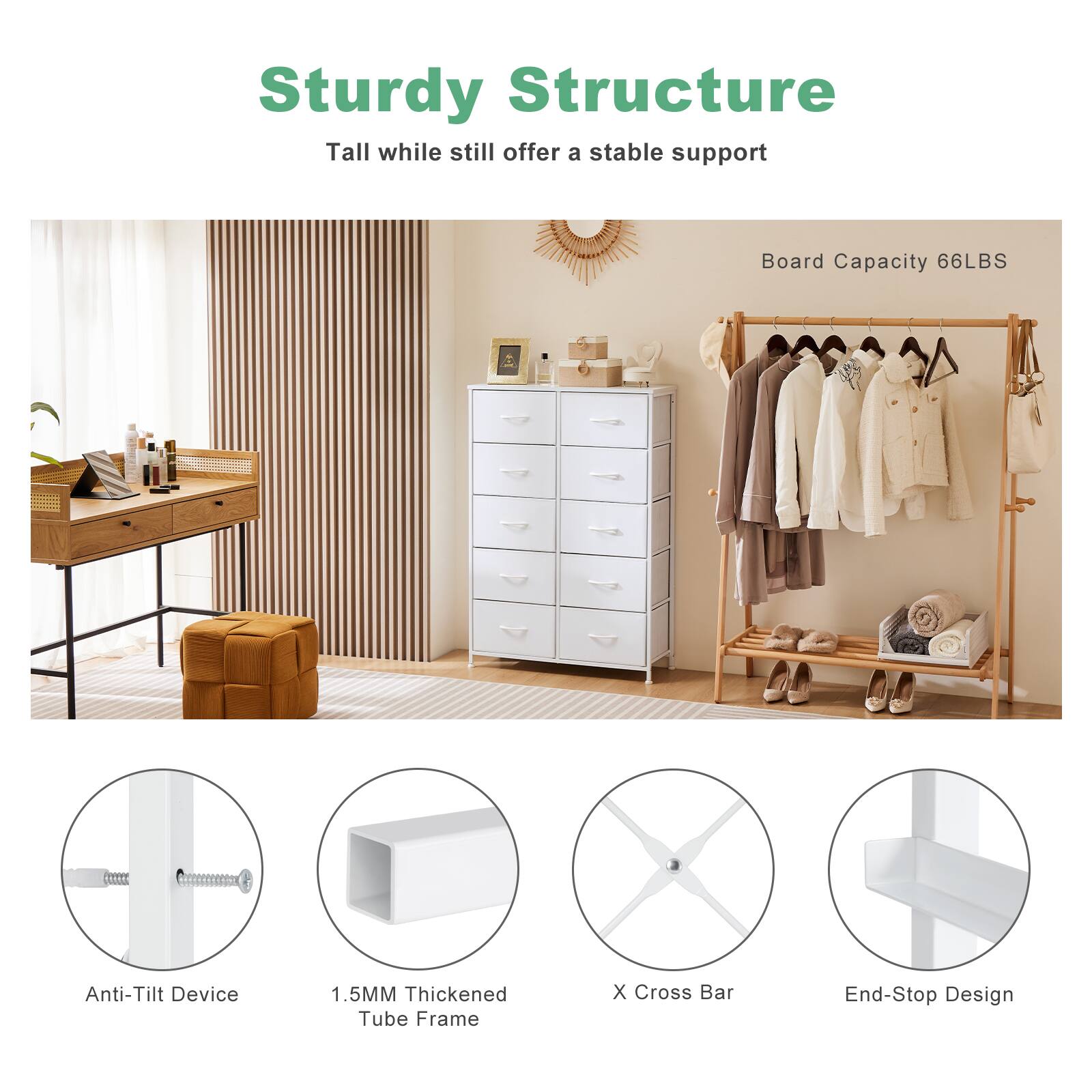 Sturdy Structure: Tall while still offering a stable support. Board Capacity: 66LBS. Anti-Tilt Device: 1.5MM Thickened Tube Frame. x Cross Bar End-Stop Design.