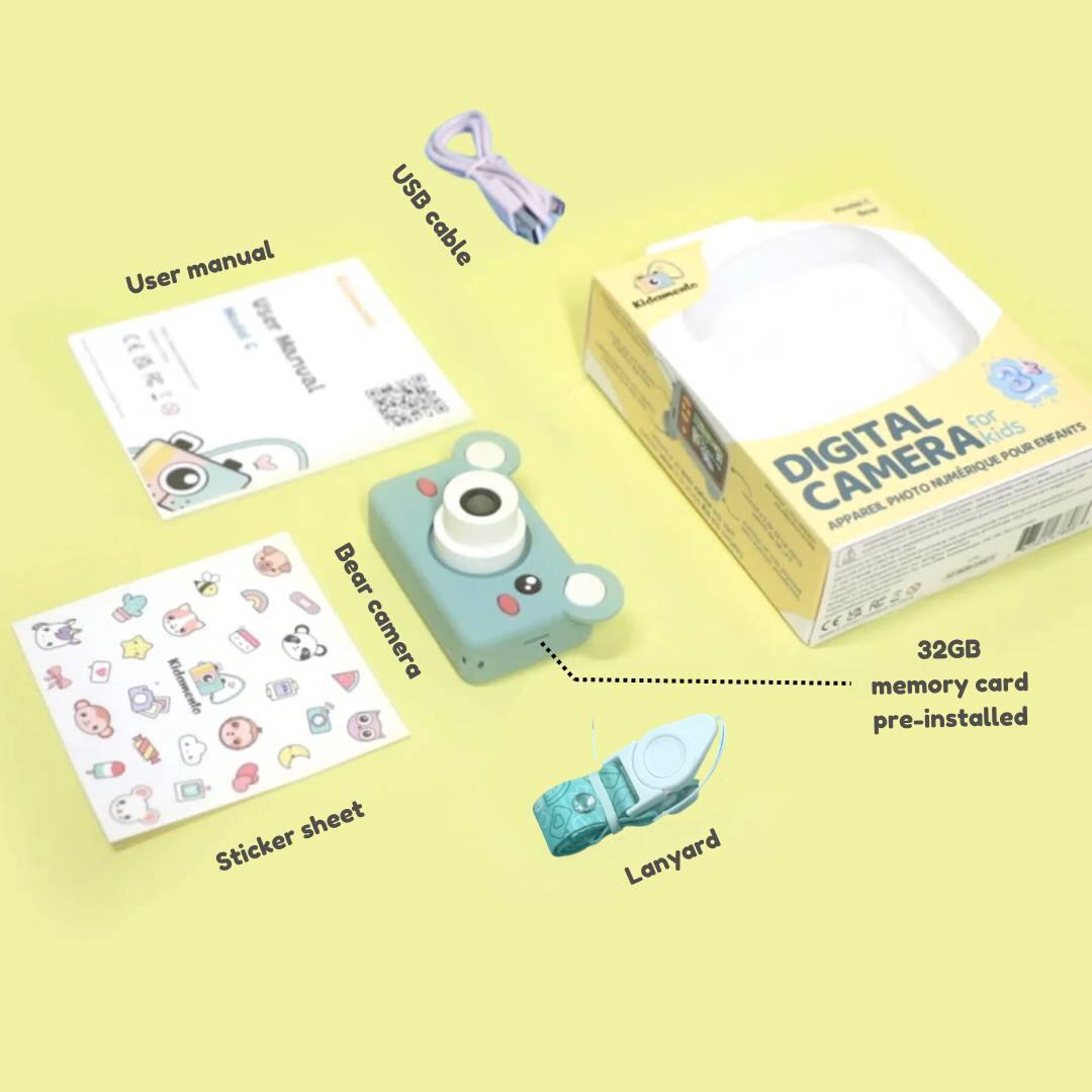 The text on the image is grouped and corrected as follows:

1. USB manual: A guide for using the camera with a USB connection.
2. Cable: A cable to connect the camera to a computer or other device.
3. User manual: A guide for using the camera, including instructions and troubleshooting tips.
4. 32GB memory card: A memory card with 32GB of storage capacity for storing photos and videos.
5. Pre-installed: The camera comes with a pre-installed memory card.
6. Sticker sheet: A sheet of stickers to personalize the camera.
7. Lanyard: A strap to attach the camera to a lanyard, making it easier to carry around.