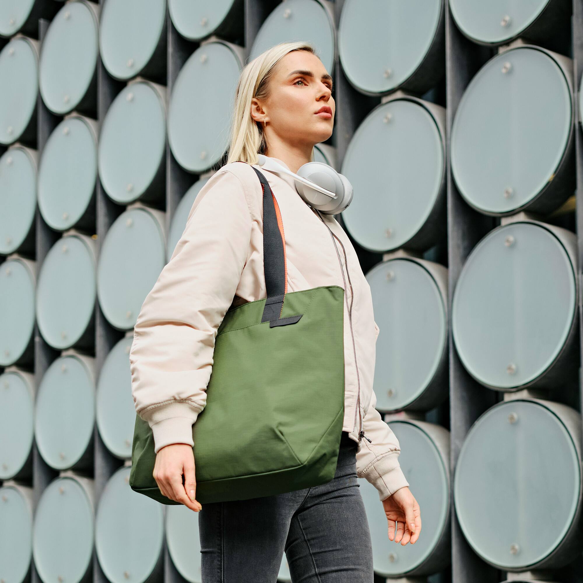 Angle. ALPAKA - Tote Bag Minimalist EDC Travel Tote,14.5L , 2 Bottle Sleeves, Front/Back Slip Pockets, Magnetic Open-Top (No Zipper) - Green Axoflux 210D.
