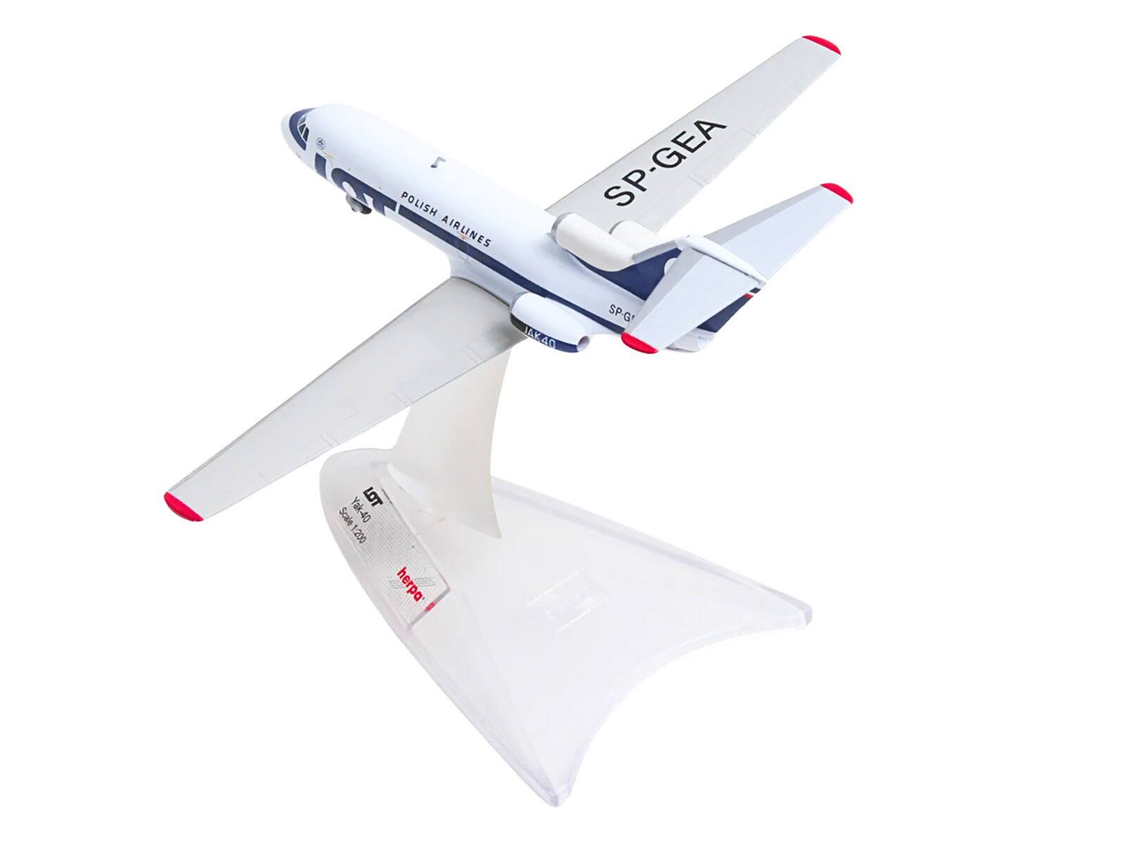 Sure, here is the corrected and grouped text from the image:

- Polish Airlines
- SP-GEA
- Yak-40
- Scale 1:200
- herpa