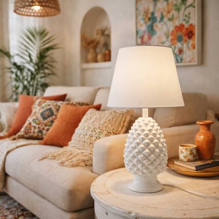 Front. FC Design - 17"H White Shade w/ Sculpted Pinecone Ceramic Base Table Lamp.