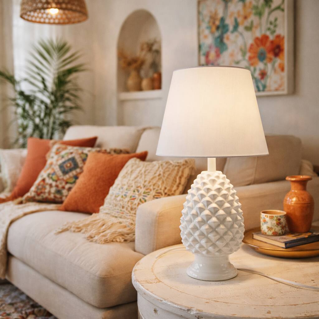 Front. FC Design - 17"H White Shade w/ Sculpted Pinecone Ceramic Base Table Lamp.