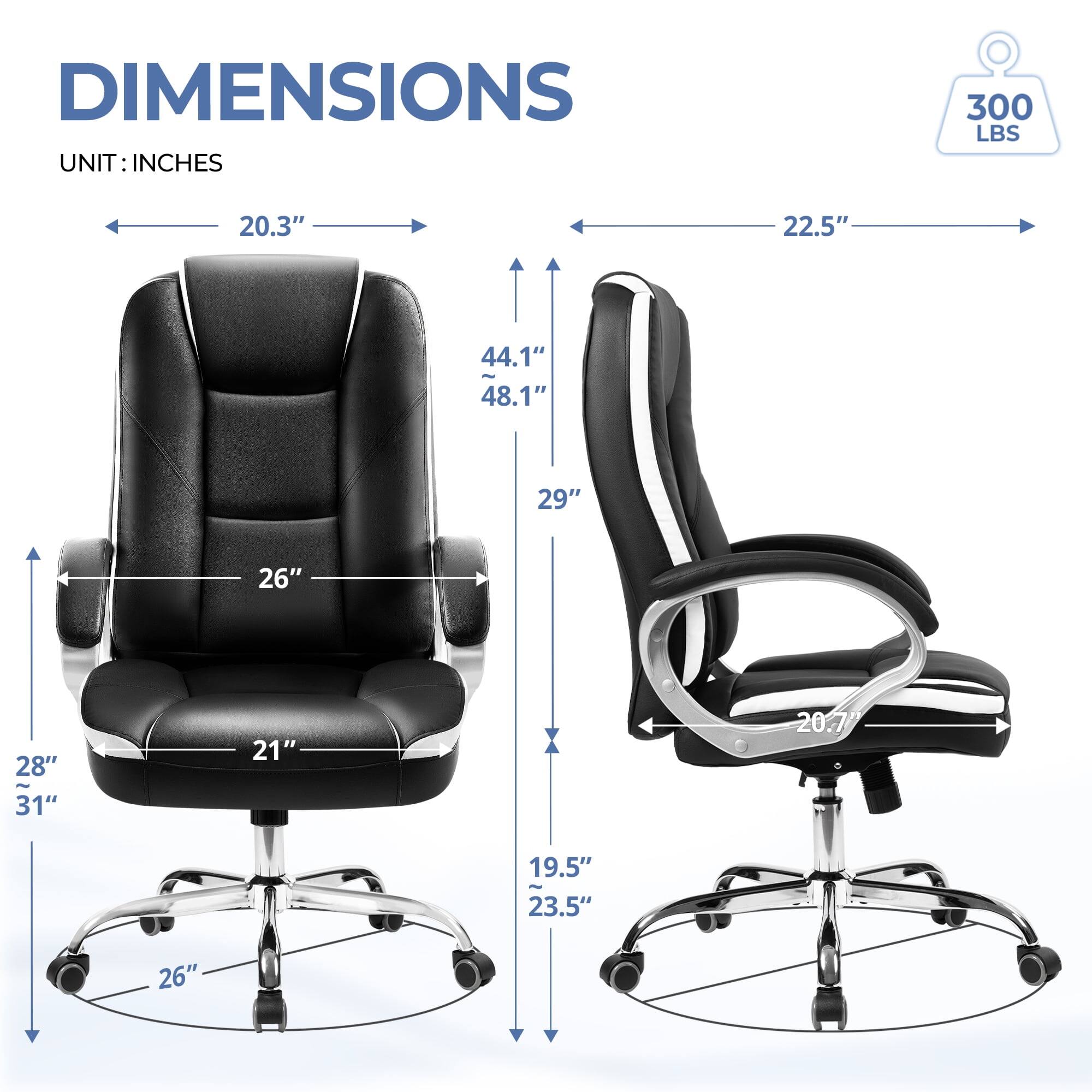 DIMENSIONS  
UNIT: INCHES  

- Width: 20.3"  
- Depth: 22.5"  
- Height: 44.1" - 48.1"  
- Seat Height: 29"  
- Seat Depth: 26"  
- Seat Width: 21"  
- Armrest Height: 28" - 31"  
- Base Diameter: 26"  
- Back Height: 19.5" - 23.5"  
- Armrest Width: 20.7"  

Weight Capacity: 300 LBS