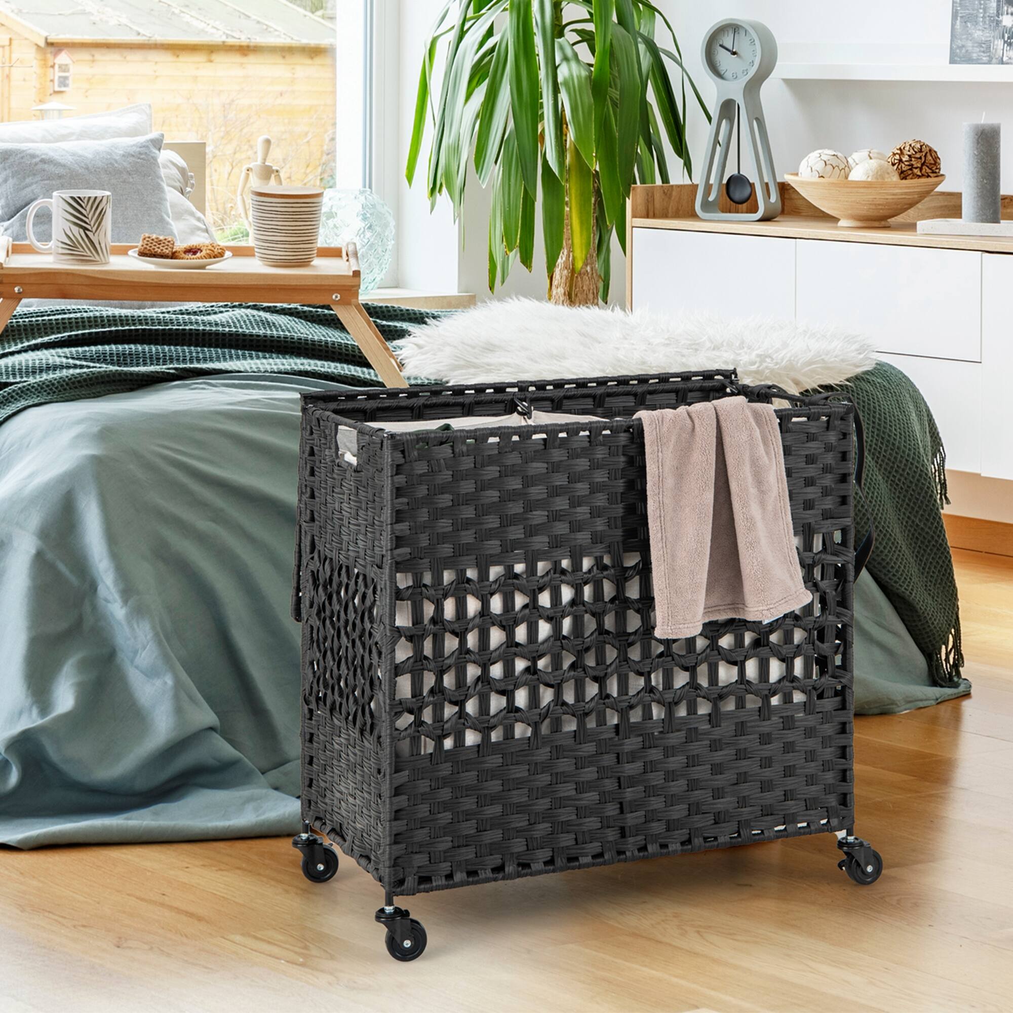 Alt View 13. Costway - 110L Laundry Hamper with Wheels Clothes Basket Lid & Handle & 2 Liner Bags Black - Black.