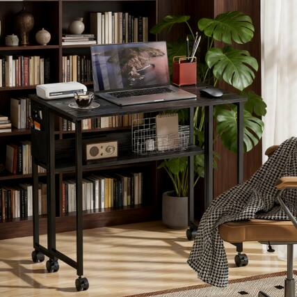 Front. GOODSILO - Foldable Mobile Desk with Storage Shelf and Wheels for Compact Home Office Spaces - Black.