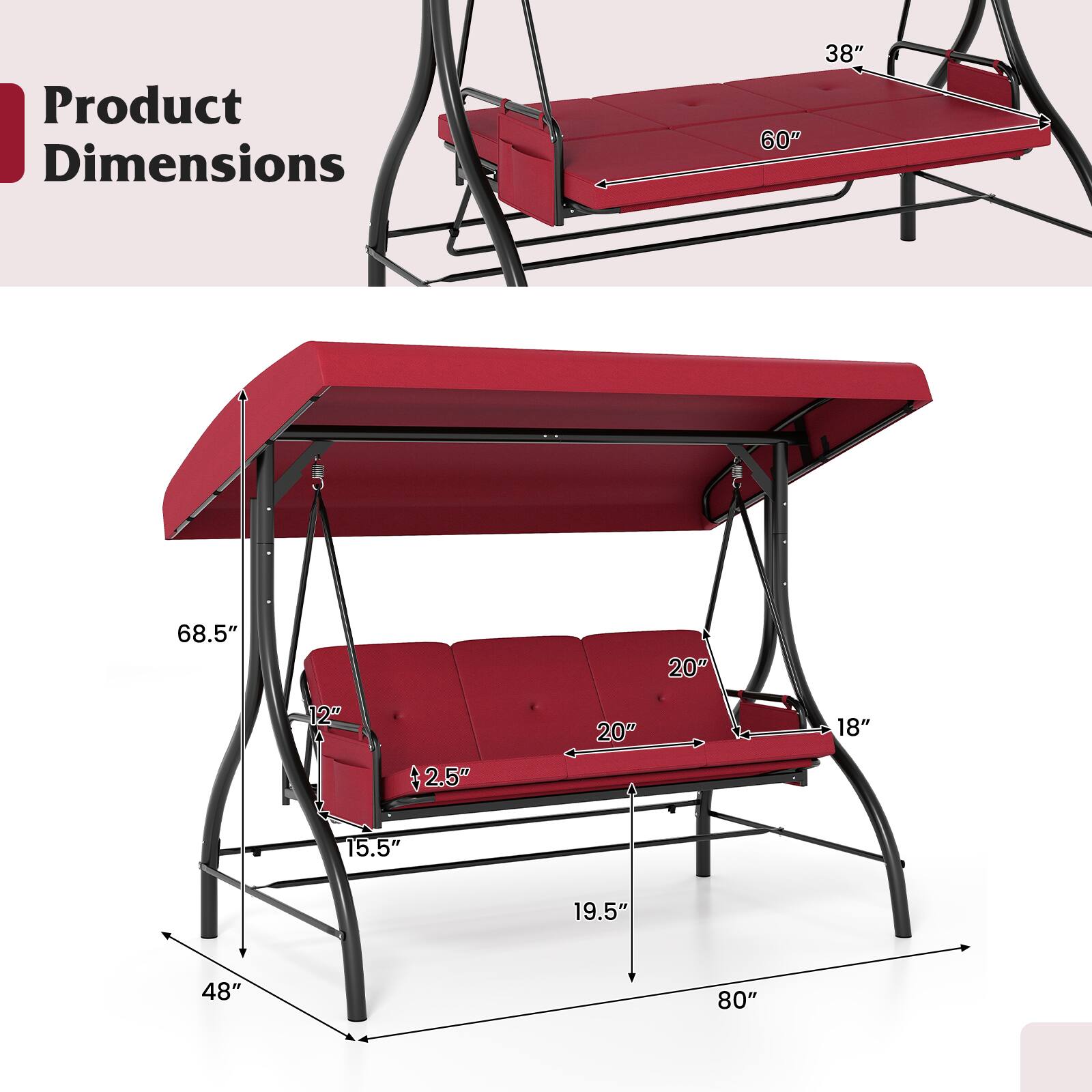 Alt View 2. Gymax - Gymax 3-Seat Patio Swing w/ Canopy & Removable Cushions & Side Pockets Stand Burgundy - Burgundy.