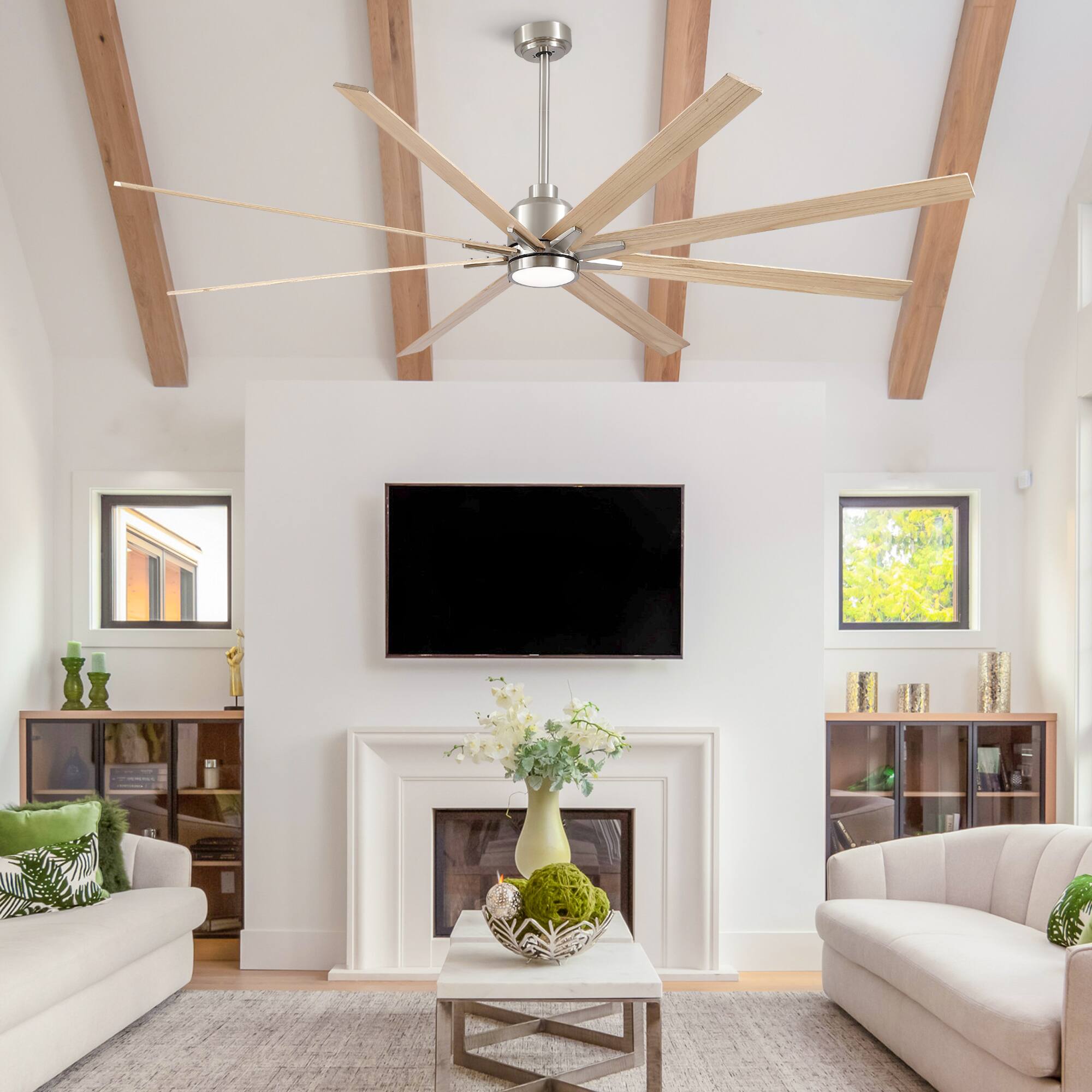 Alt View 3. Sofucor - Large 84'' Ceiling Fan with Lights Modern Industrial Ceiling Fan 8 Blades for Living Room Farmhouse Quiet Reversible DC - Nickel.
