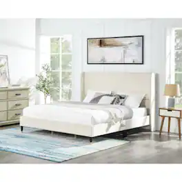 LUCKY ONE - King Size Velvet Wingback Platform Bed with Padded Headboard and Side Panels, Plywood Frame, No Box Spring Needed - Beige