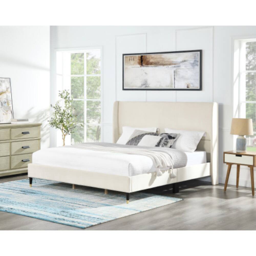 Front. LUCKY ONE - King Size Velvet Wingback Platform Bed with Padded Headboard and Side Panels, Plywood Frame, No Box Spring Needed - Beige.