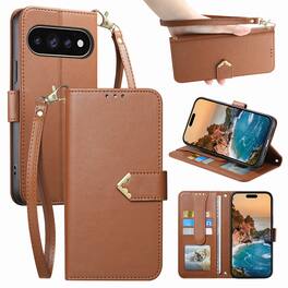 Dteck - Leather Wallet Case for Google Pixel 11 Pro XL with Crossbody Strap, Shockproof Card Holder Kickstand Protective Cover - Brown