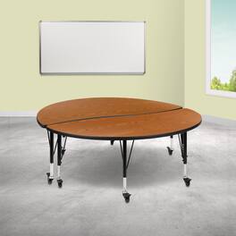 Emma + Oliver - 2 Piece Mobile 60" Circle Collaborative Grey Kids Activity Table Set - Oak