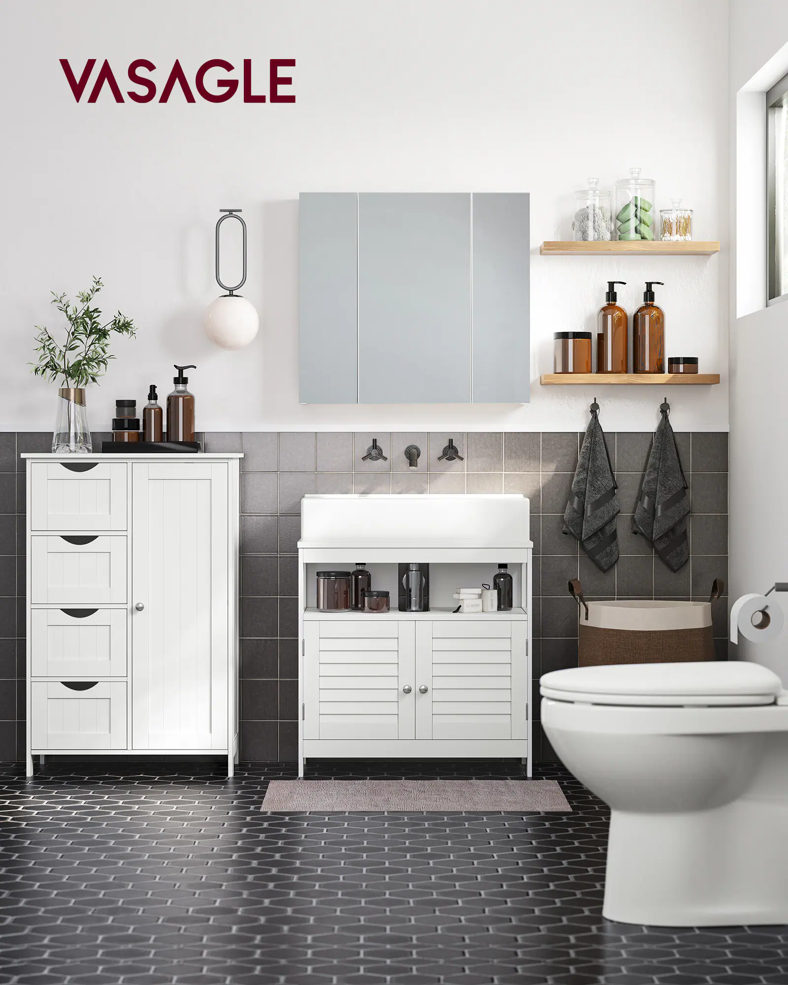 Angle. Songmics Home - Storage Cabinet with Drawers, Freestanding Floor Cabinet with Door, 11.8 x 21.7 x 32.3 Inches, Adjustable Shelf - Cloud White.