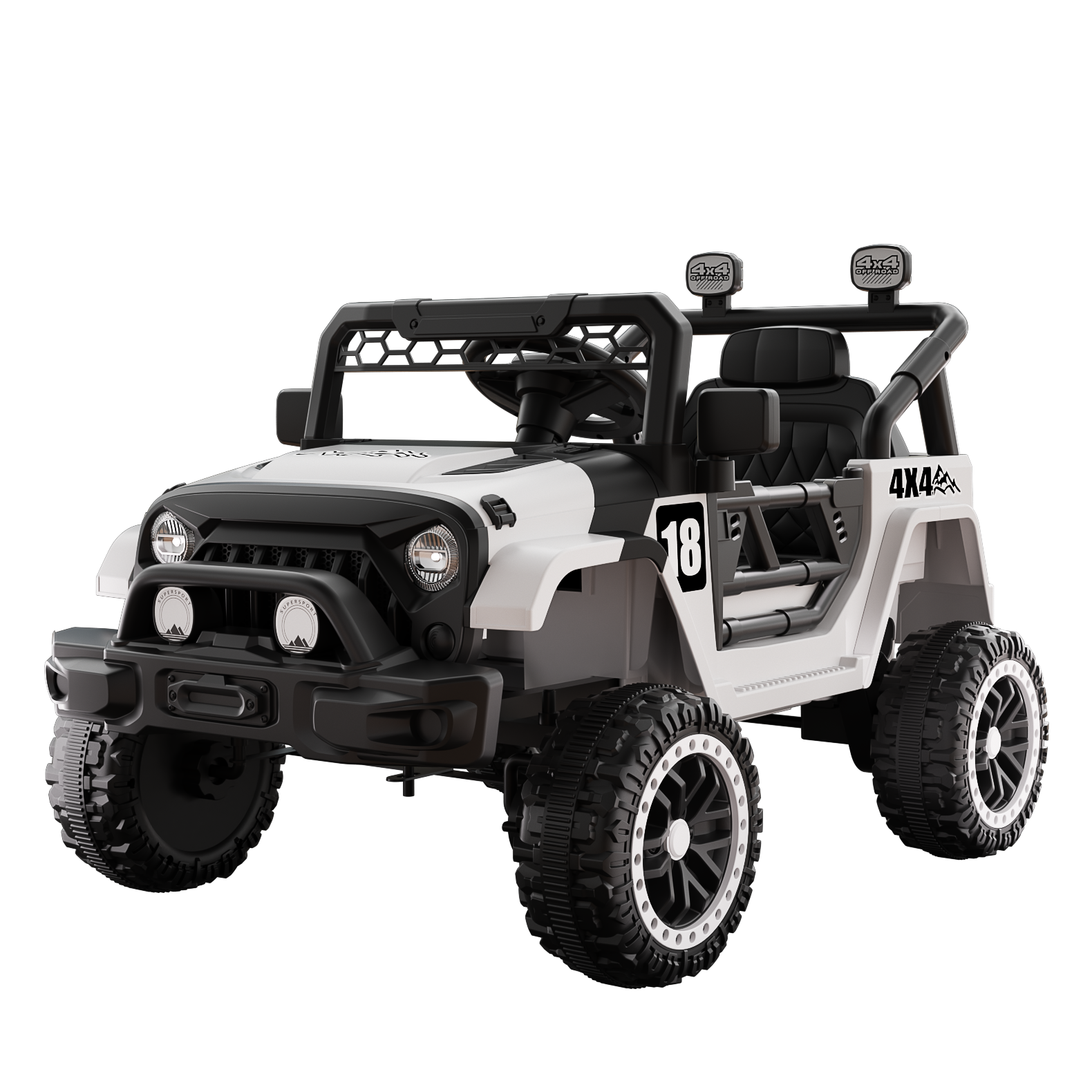 BreeBe - 12V Kids Ride-On Car with Parental Remote, Spring Suspension, LED Lights, Music Player, White/Black - Black, White