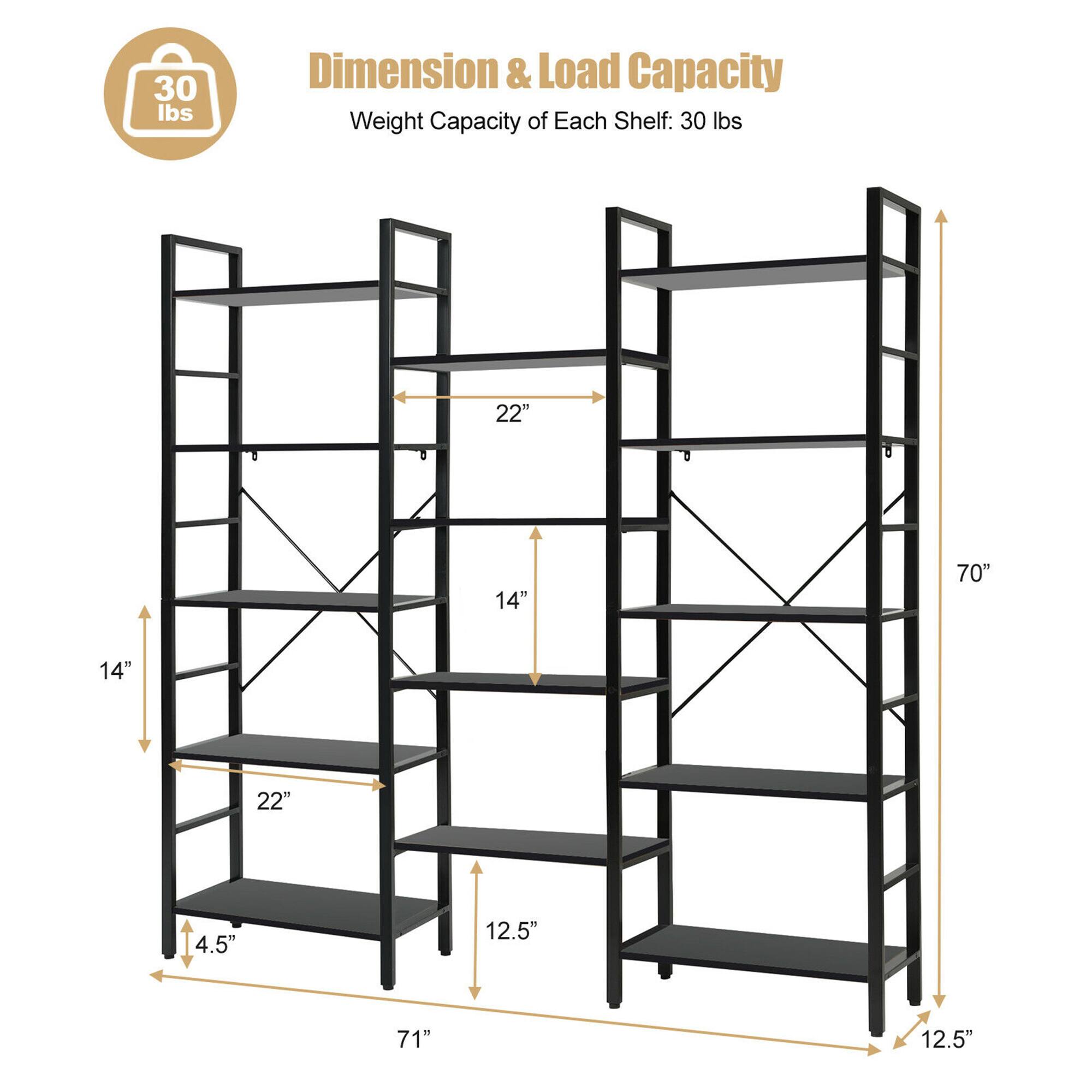 Dimension & Load Capacity  
Weight Capacity of Each Shelf: 30 lbs  

- Width: 22"  
- Depth: 14"  
- Height: 71"  
- Shelf Depth: 14"  
- Shelf Height: 12.5"  
- Overall Height: 70"  
- Base Width: 4.5"  
- Base Depth: 12.5"