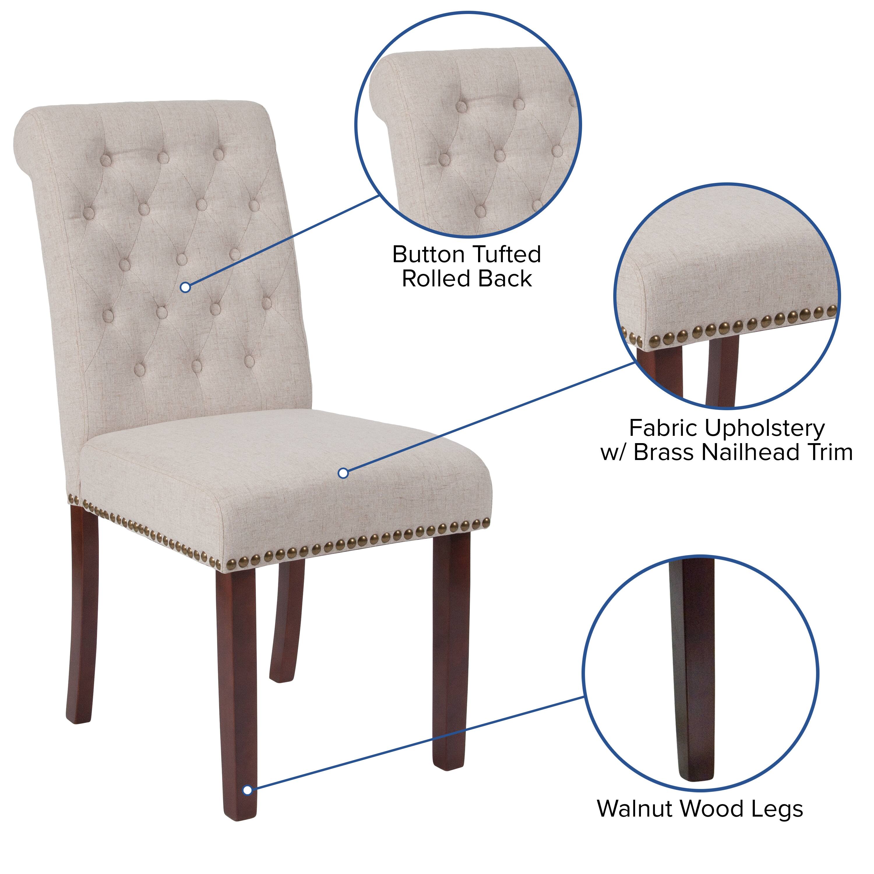Button Tufted Rolled Back  
Fabric Upholstery w/ Brass Nailhead Trim  
Walnut Wood Legs