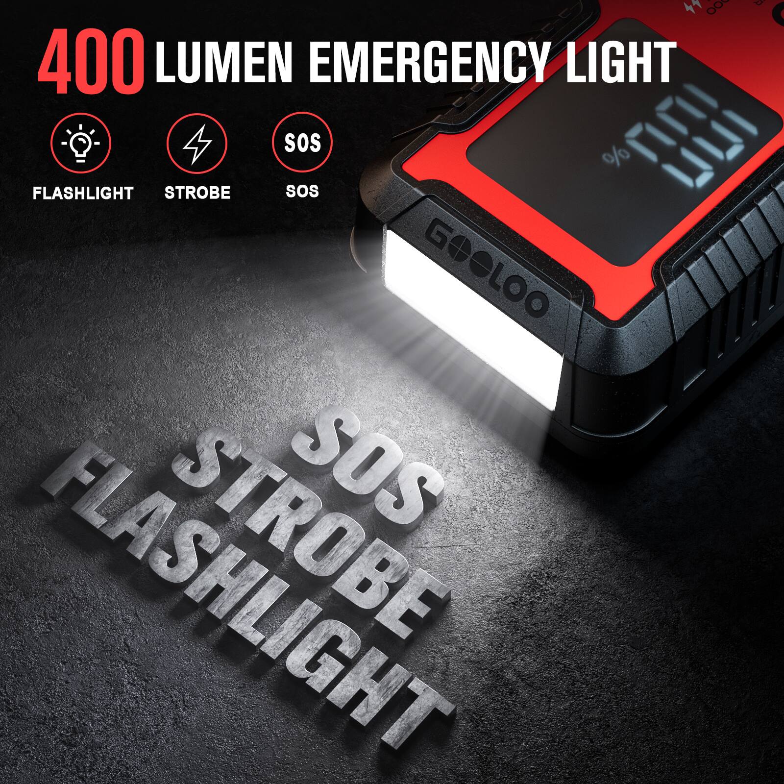 400 LUMEN EMERGENCY LIGHT  
FLASHLIGHT STROBE SOS  
GOOLOO STROBE SOS