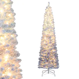 Costway - 6 FT Snow-flocked Artificial Christmas Tree with 220 Warm White LED Lights,8 Modes - Blue Gradient,White